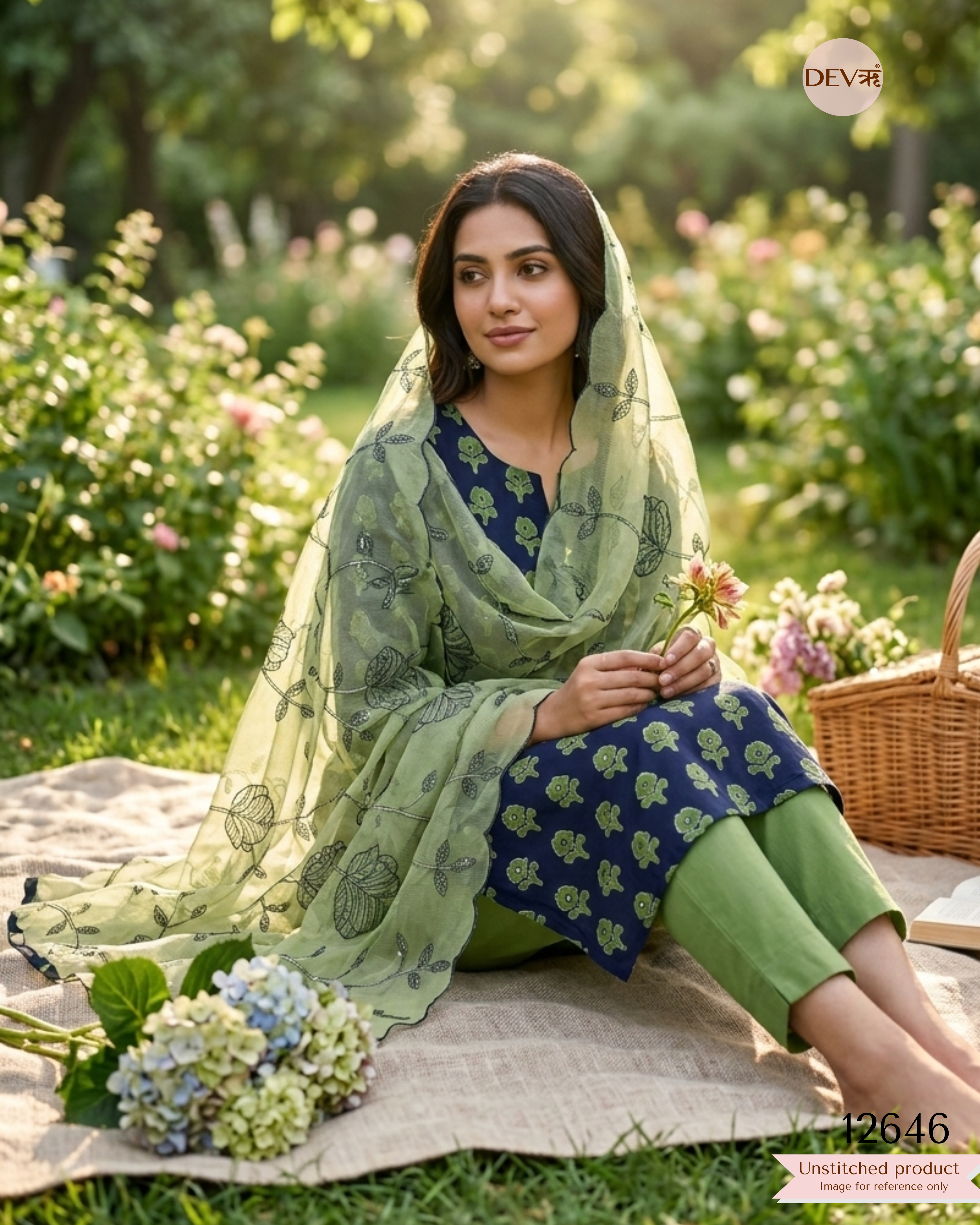 Navy Blue Cotton Printed Unstitched 3-Piece Suit (Devri – D.No 12646)