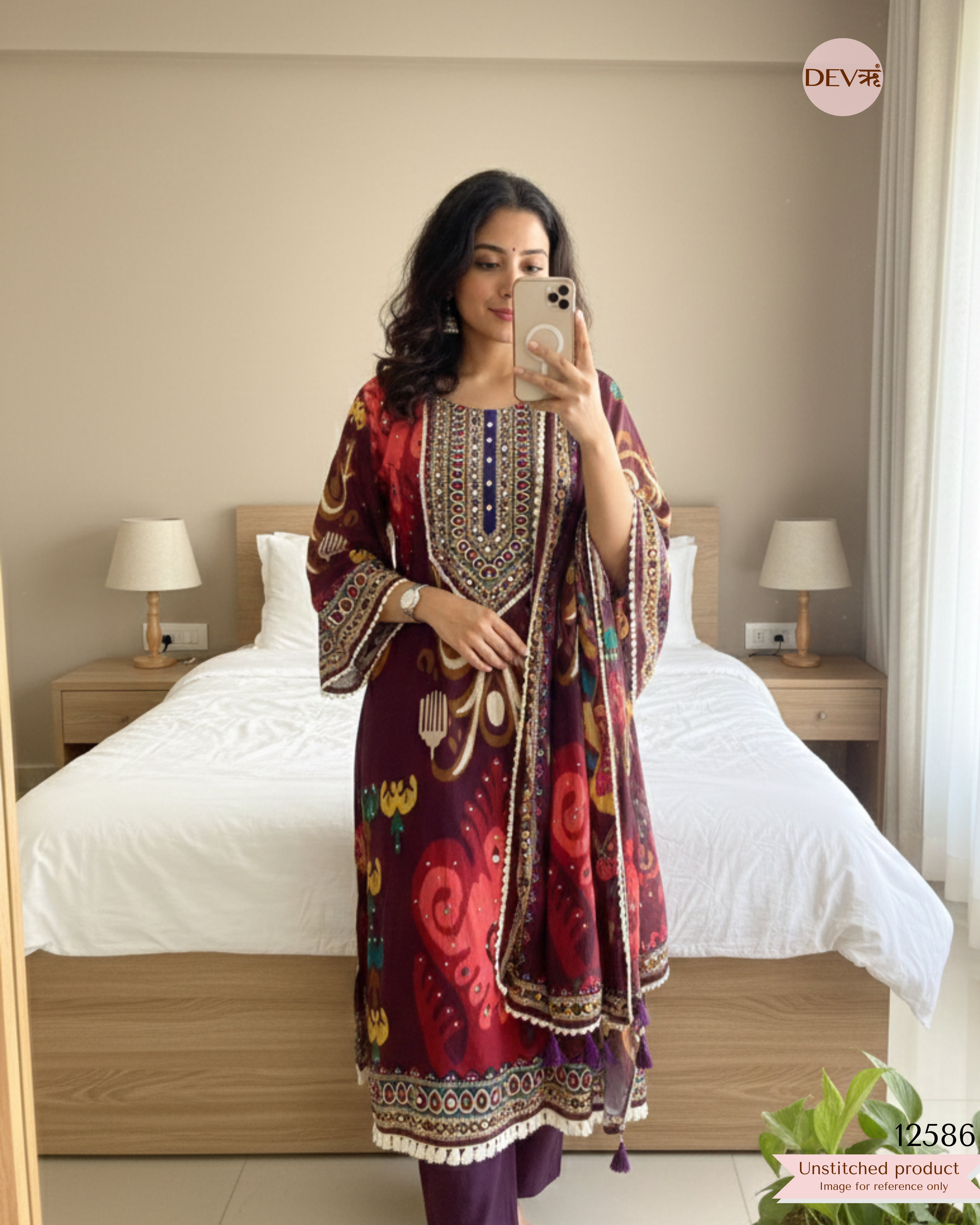 Deep Wine Muslin Printed Unstitched 3-Piece Suit (Devri – D.No 12586)