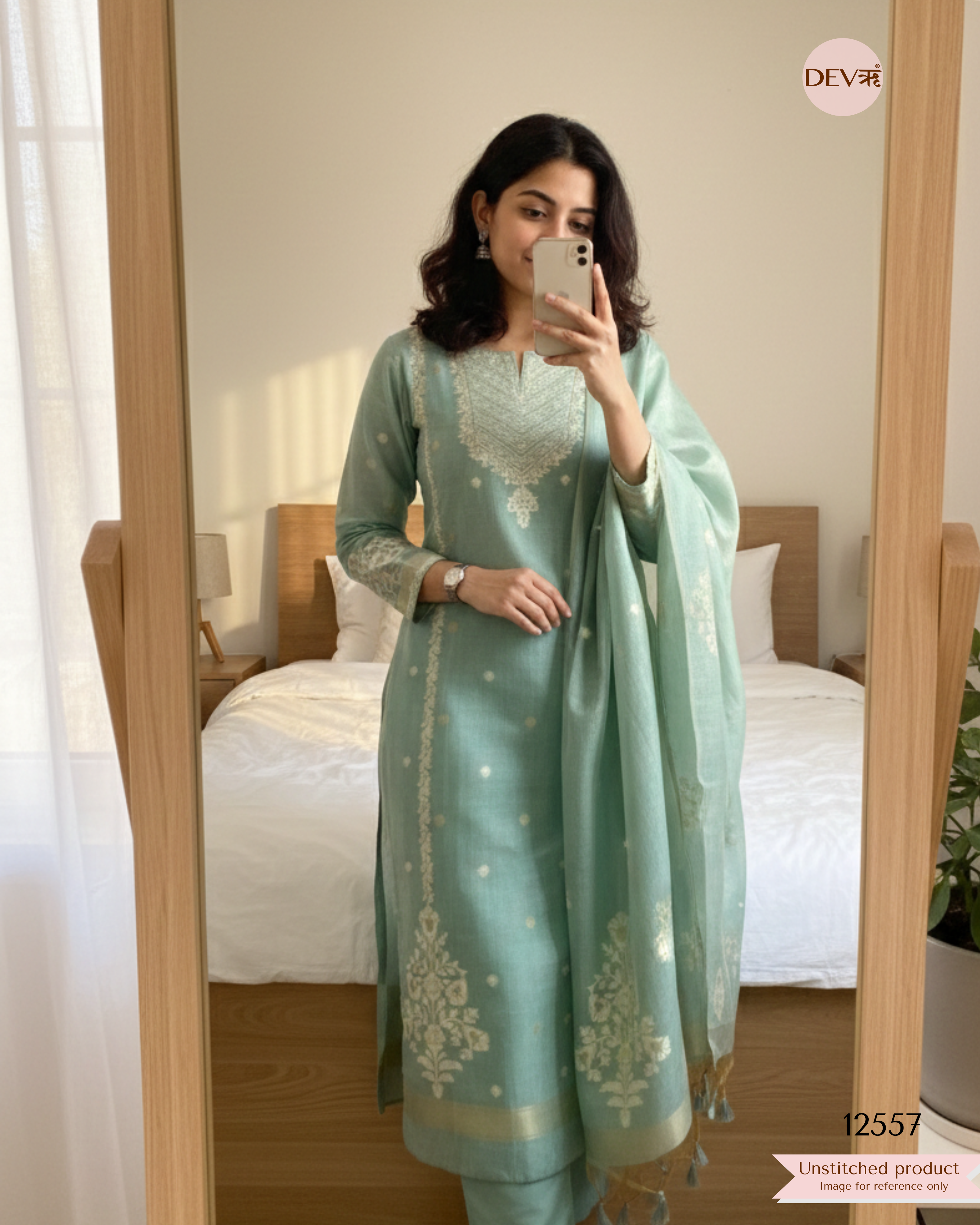Sea Green Jamdani Embroidered Unstitched 3-Piece Suit (Devri – D.No 12557)