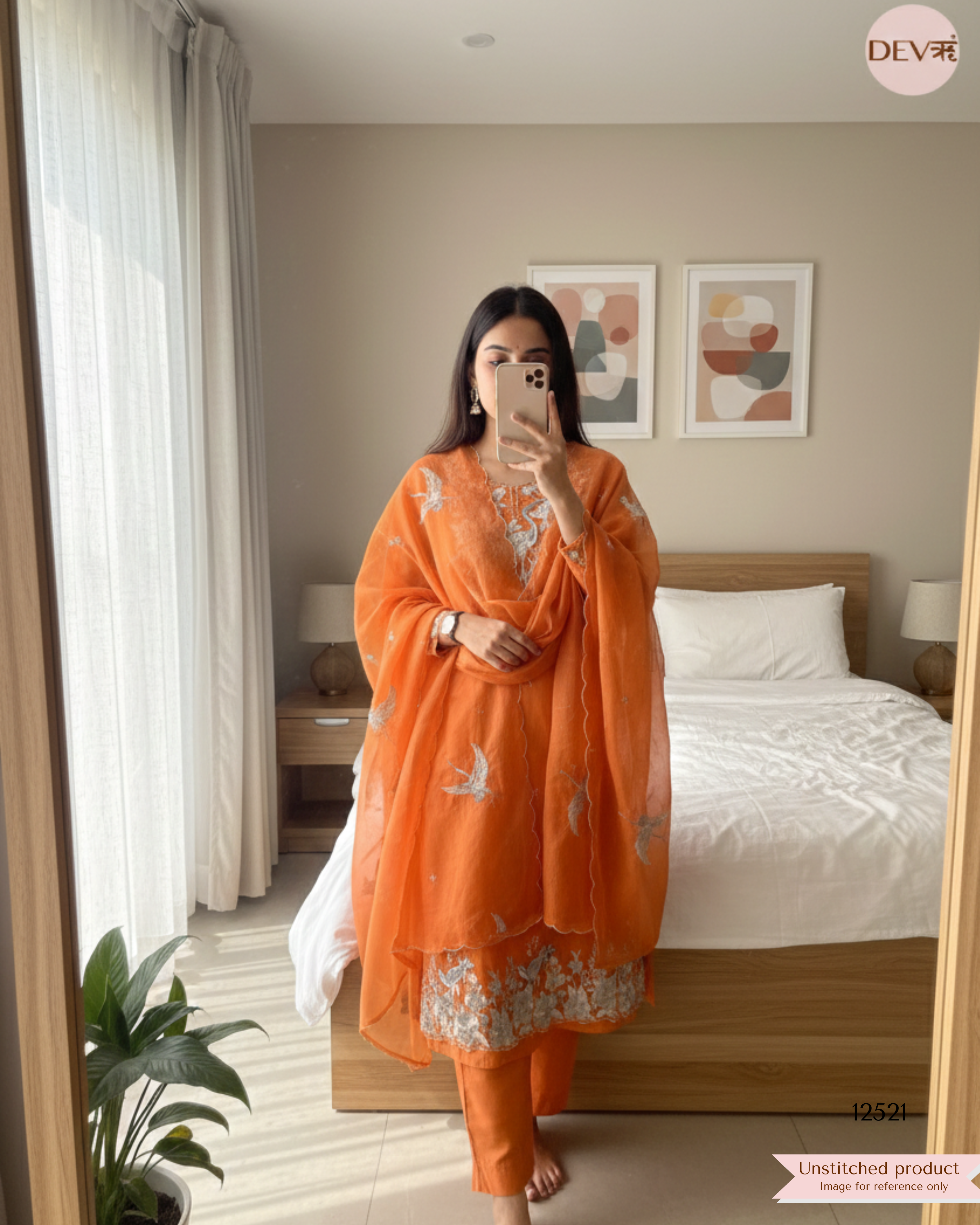 Orange Pure Mul Chanderi Embroidered Unstitched 3-Piece Suit (Devri – D.No 12521)