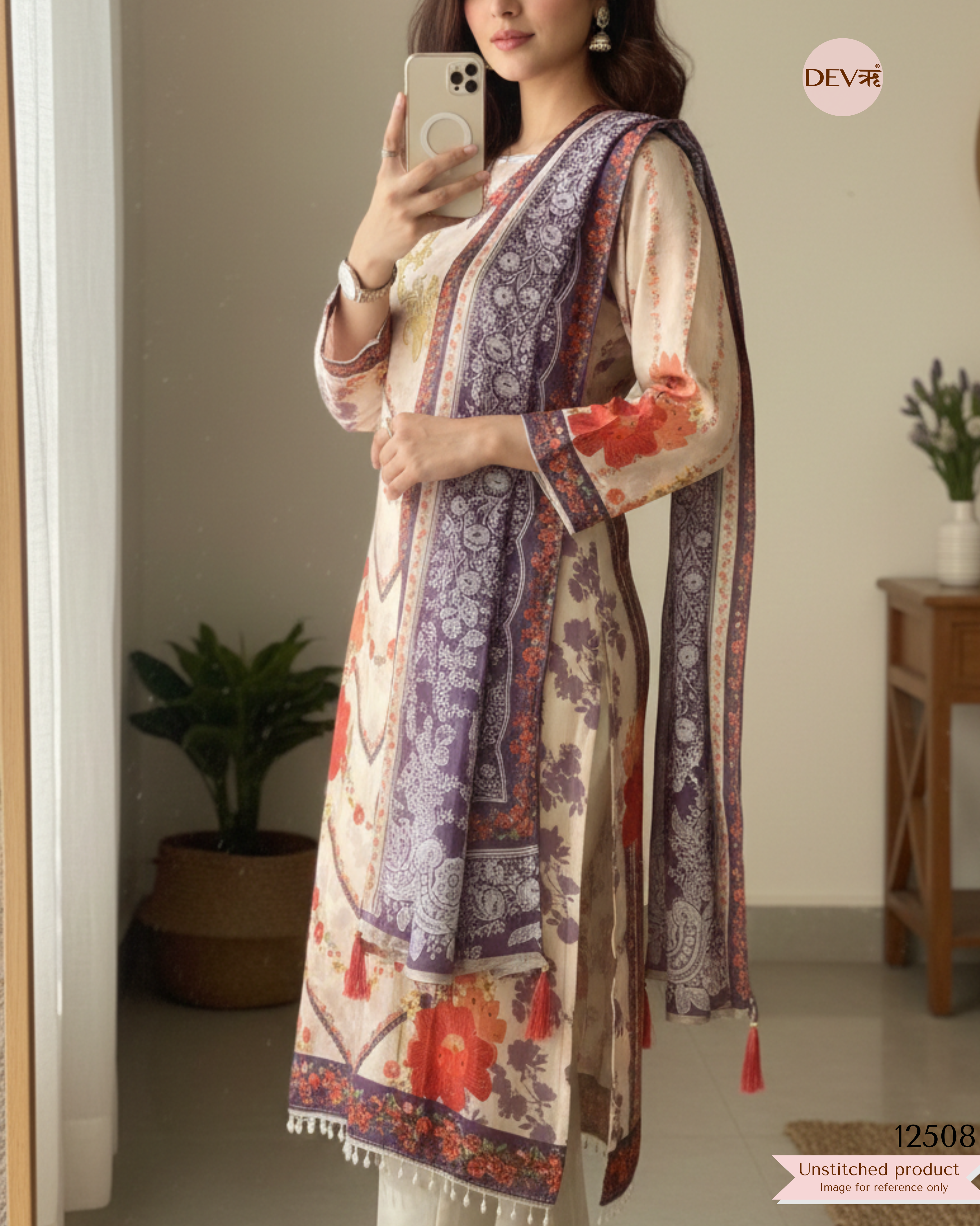Purple & Cream Muslin Printed Unstitched 3-Piece Suit (Devri – D.No 12508)