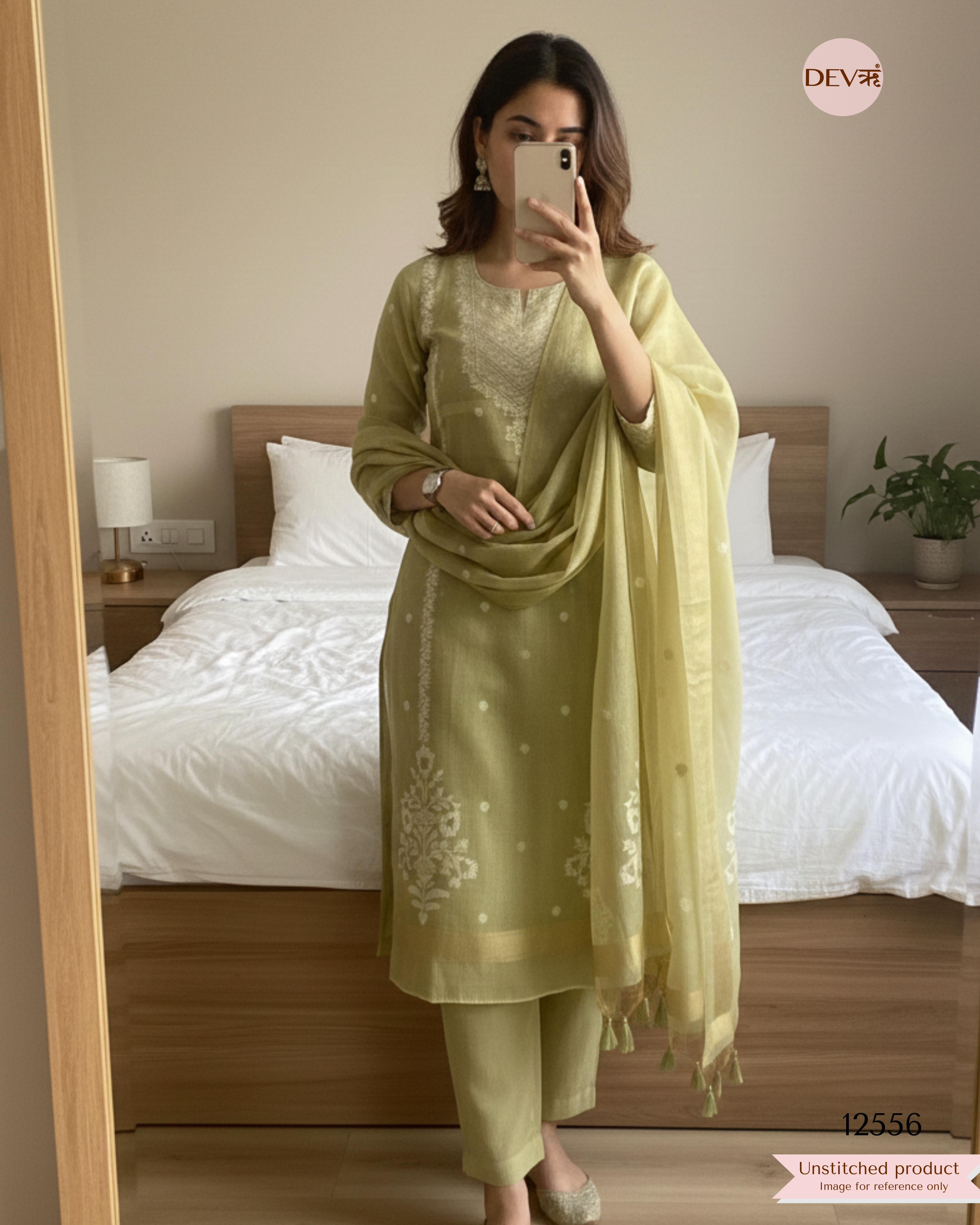 Lime Green Jamdani Embroidered Unstitched 3-Piece Suit (Devri – D.No 12556)