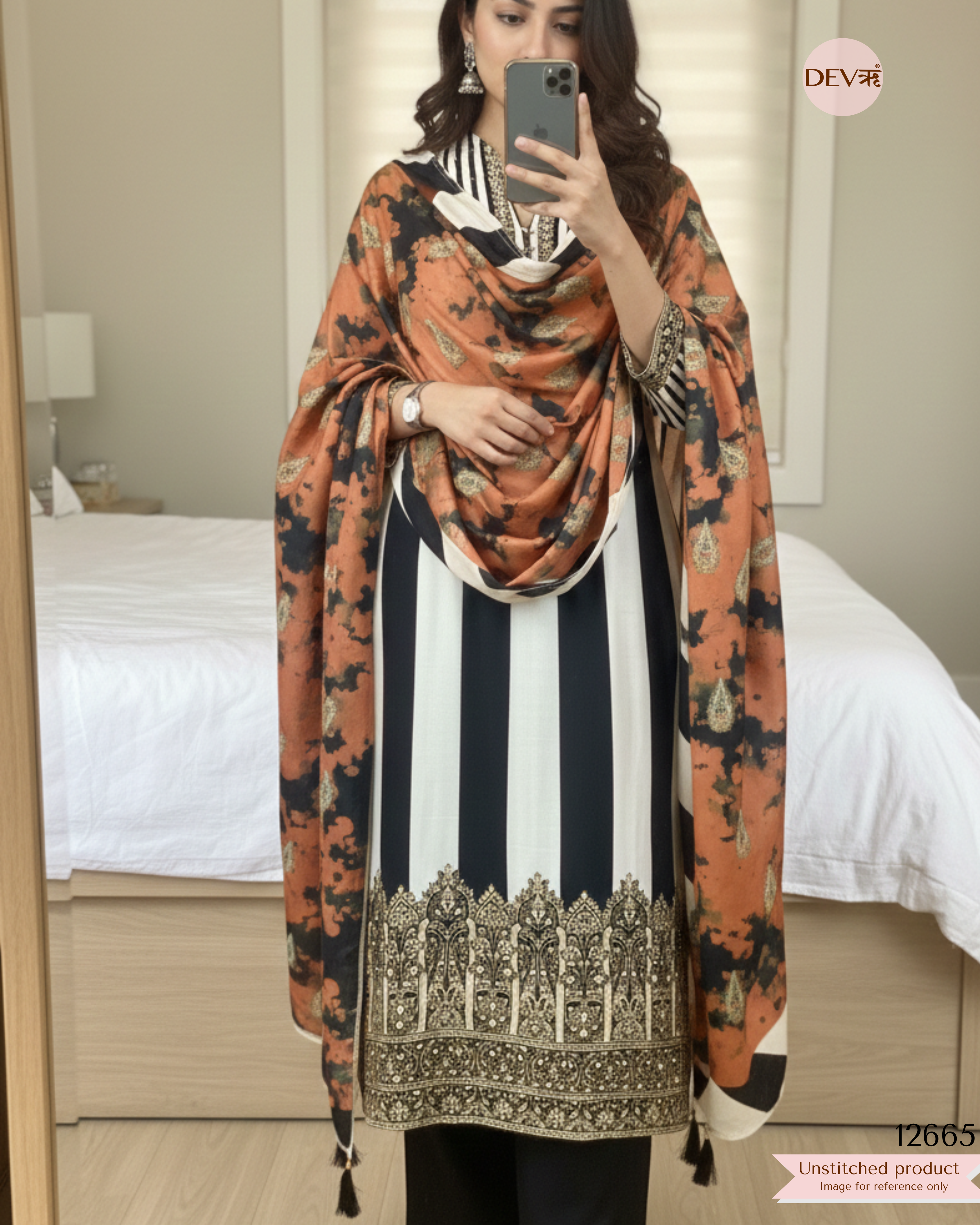Ivory & Rust Muslin Printed Unstitched 3-Piece Suit (Devri – D.No 12665)