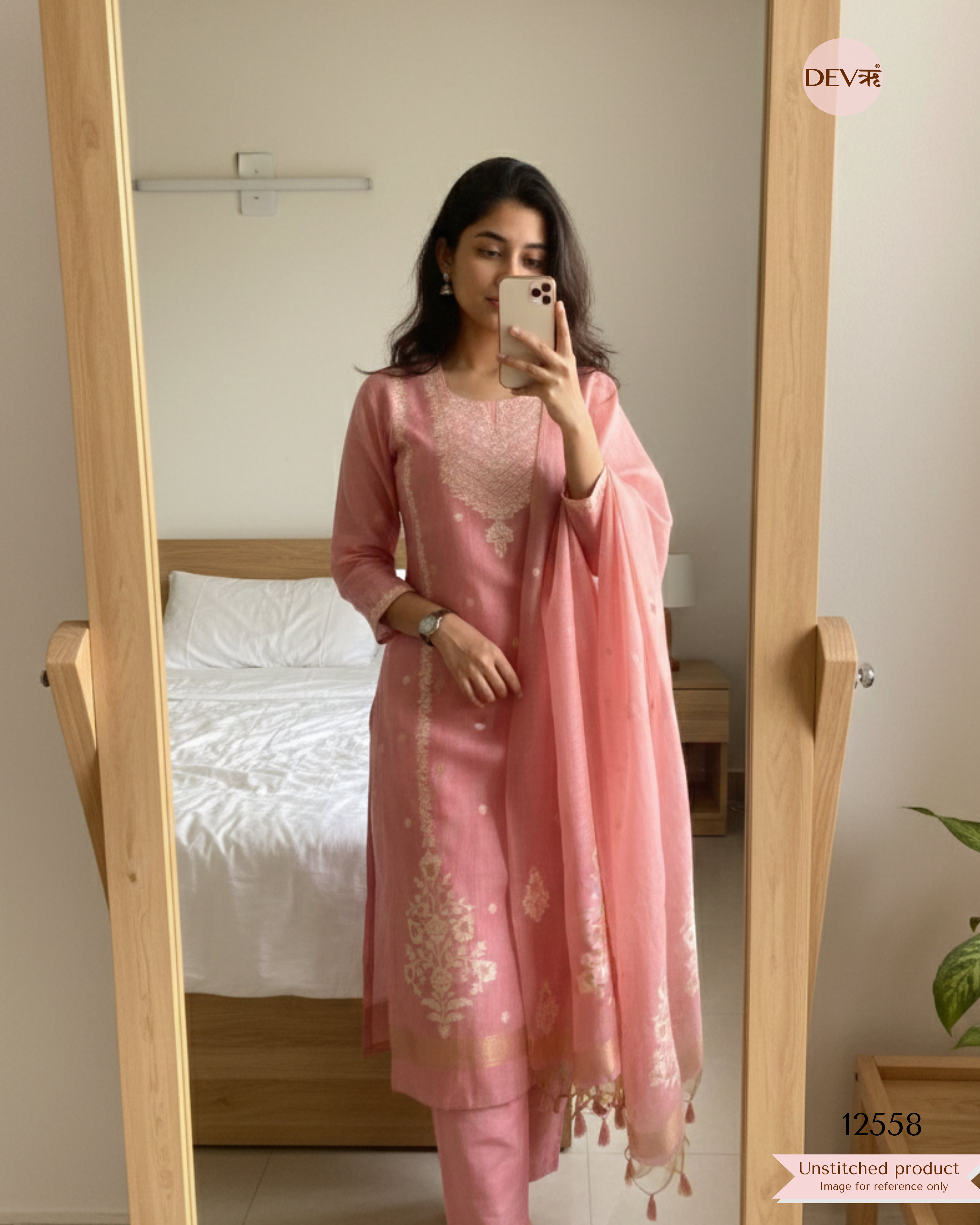 Pink Jamdani Embroidered Unstitched 3-Piece Suit (Devri – D.No 12558)