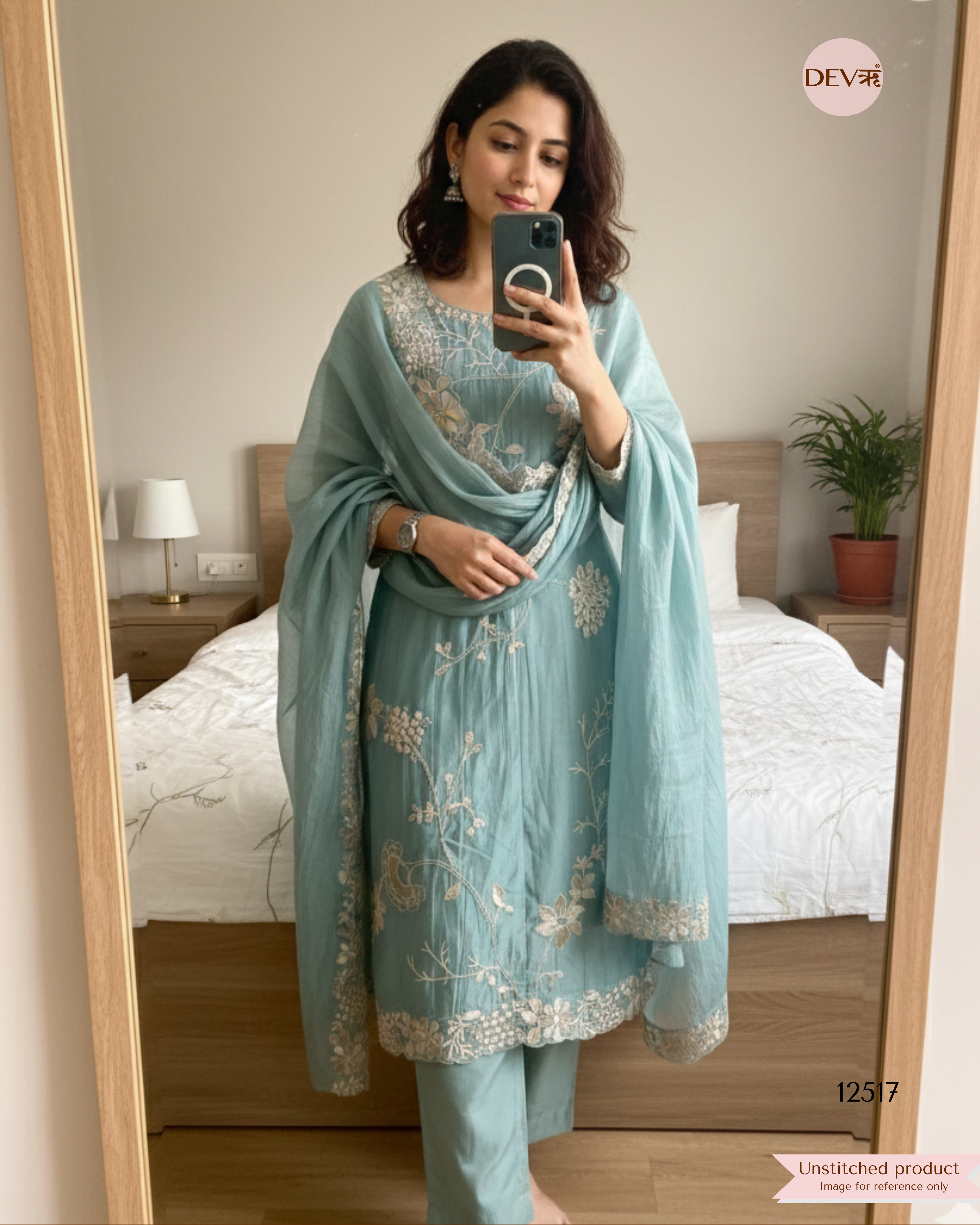 teal Mul Cotton Embroidered Unstitched 3-Piece Suit (Devri – D.No 12517)