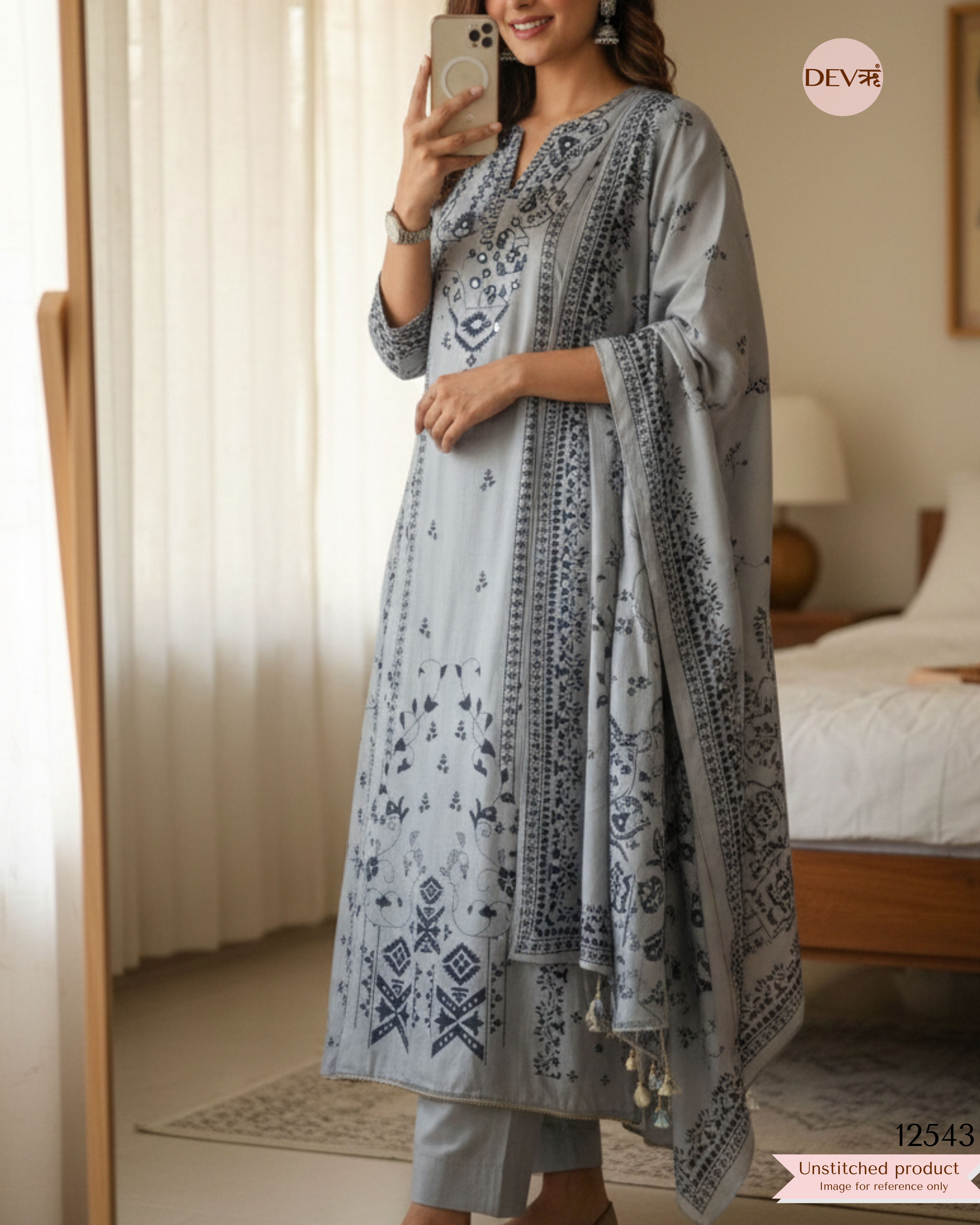 Grey Muslin Printed Unstitched 3-Piece Suit (Devri – D.No. 12543)