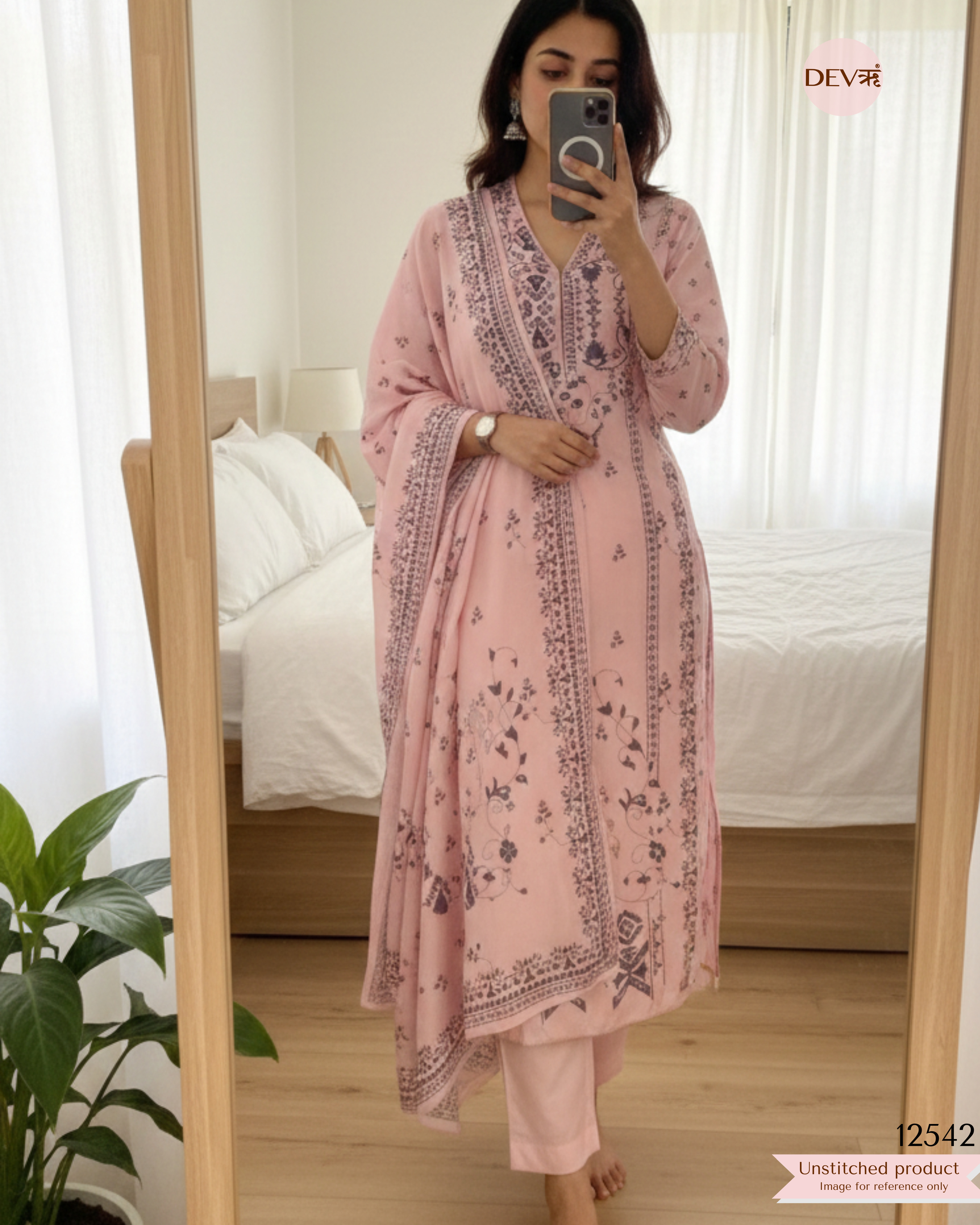 Pink Muslin Printed Unstitched 3-Piece Suit (Devri – D.No 12542)