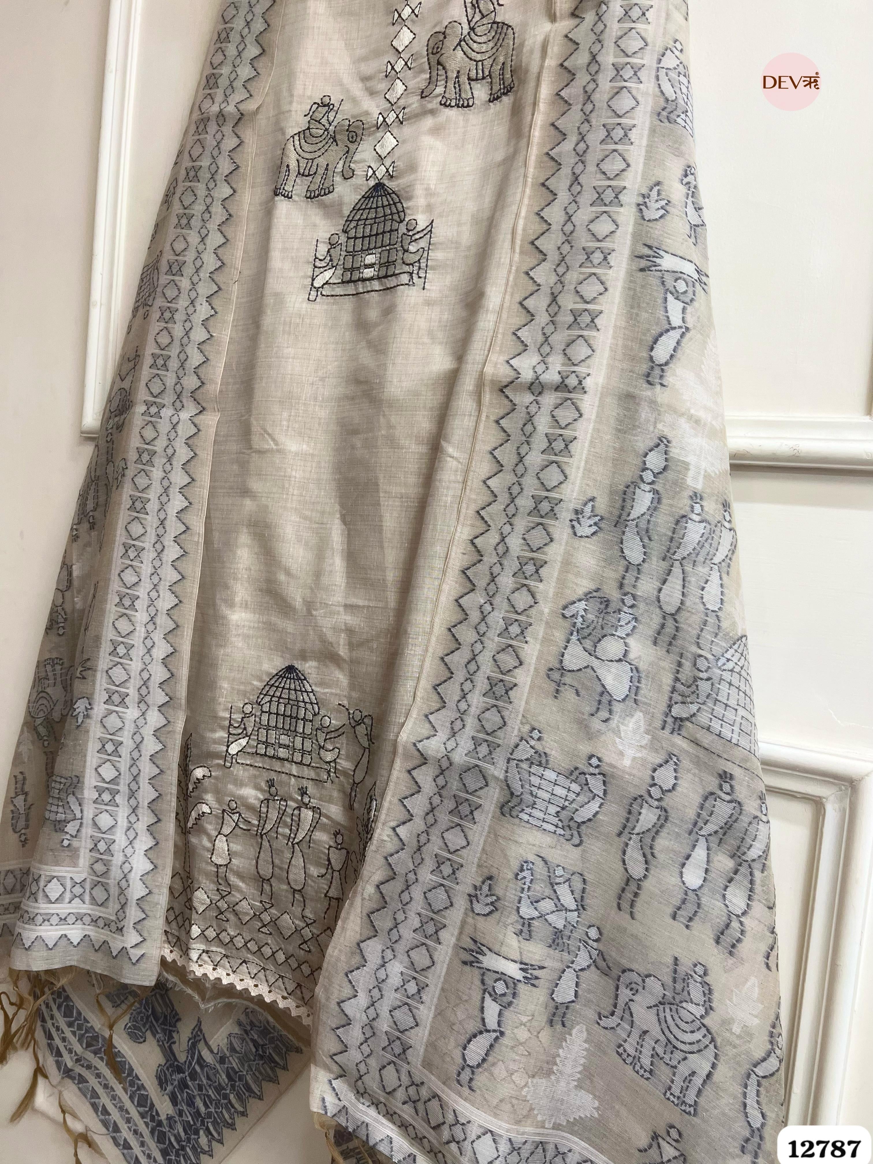 Beige Mul Chanderi Embroidered Unstitched 3-Piece Suit (Devri – D.No 12787)