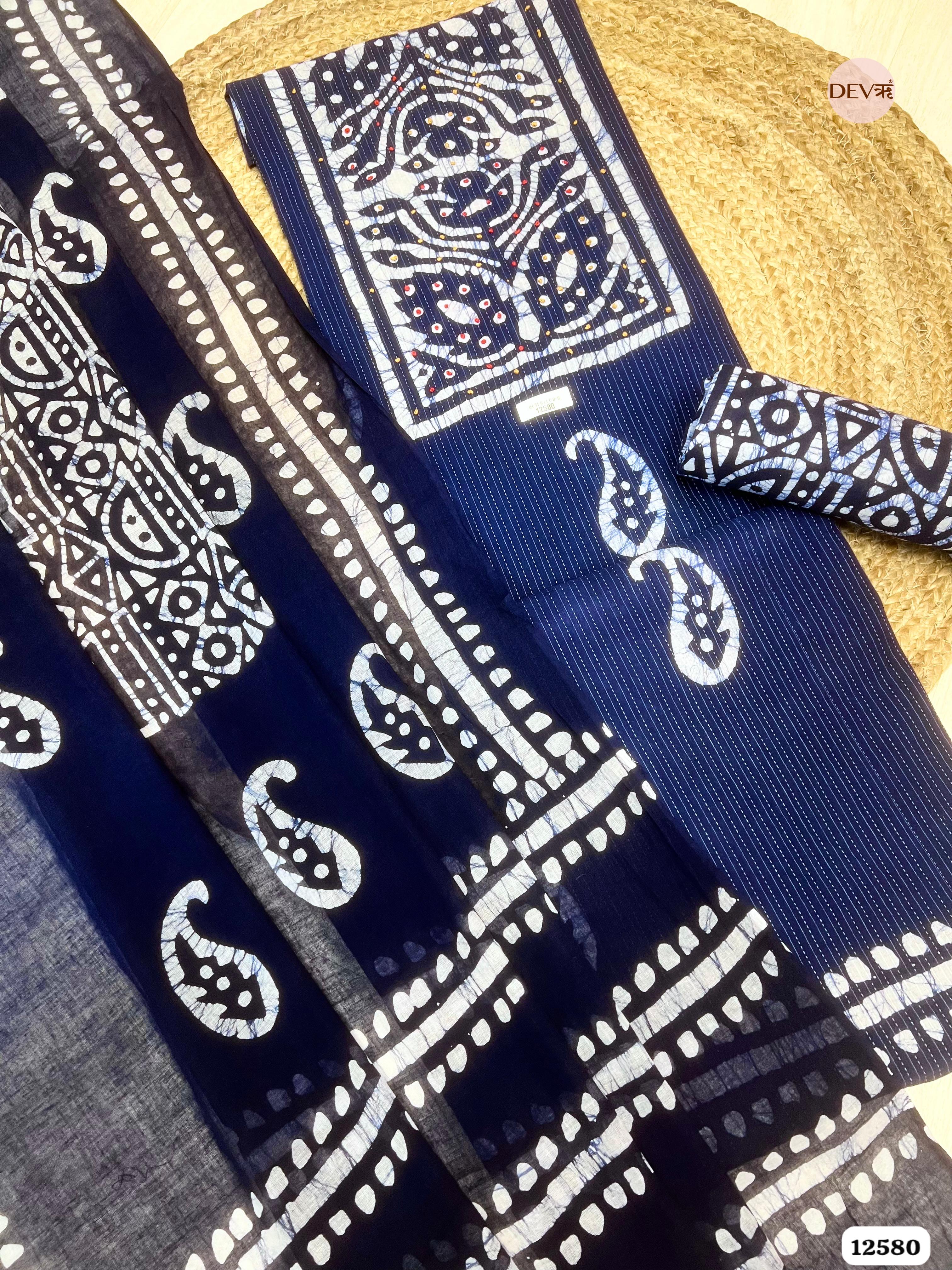 Navy Blue Cotton Batik Printed Unstitched 3-Piece Suit (Devri – D.No 12580)