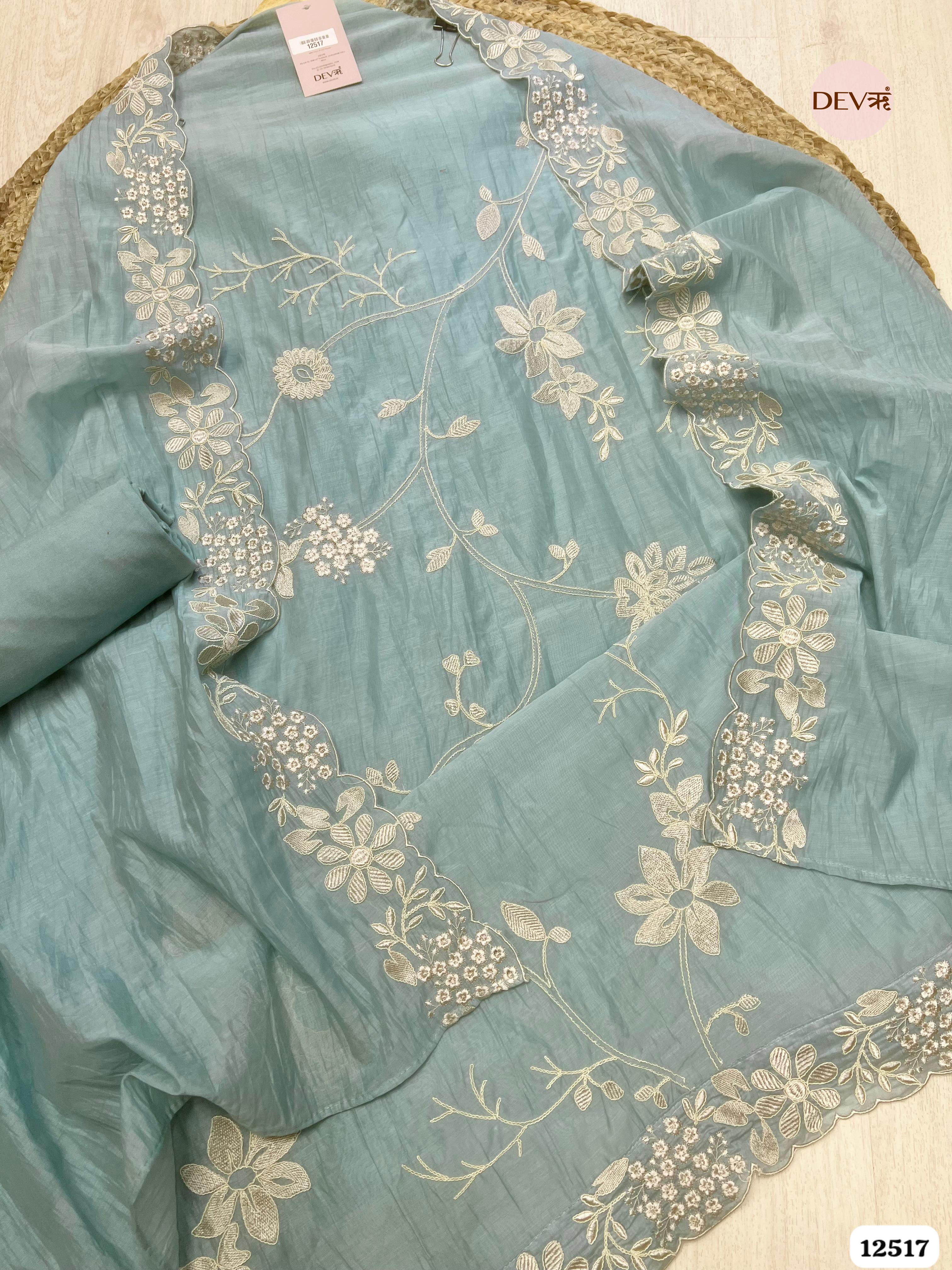 teal Mul Cotton Embroidered Unstitched 3-Piece Suit (Devri – D.No 12517)