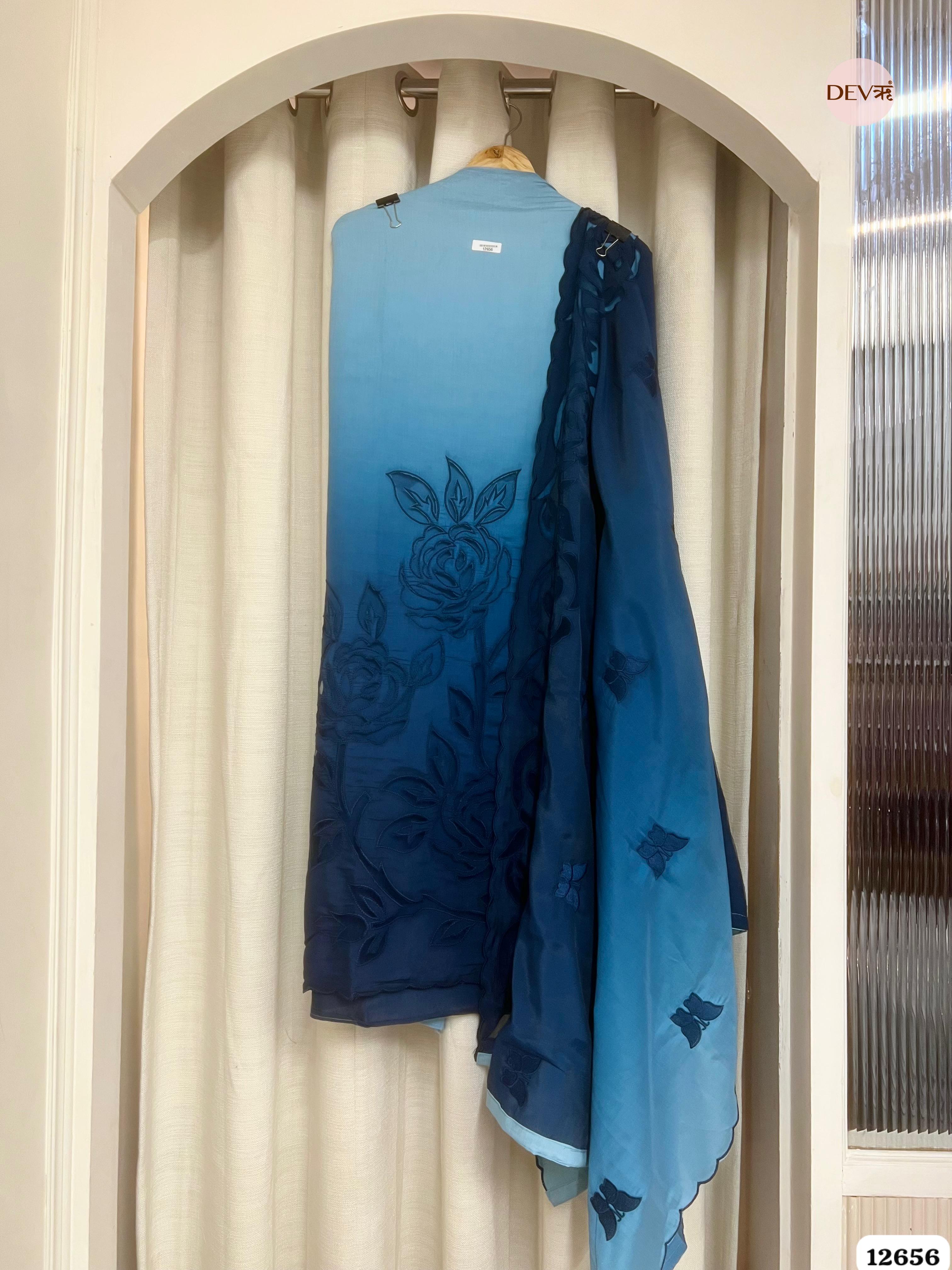 Ombre Blue Mul Chanderi Embroidered Unstitched 3-Piece Suit (Devri – D.No 12656)