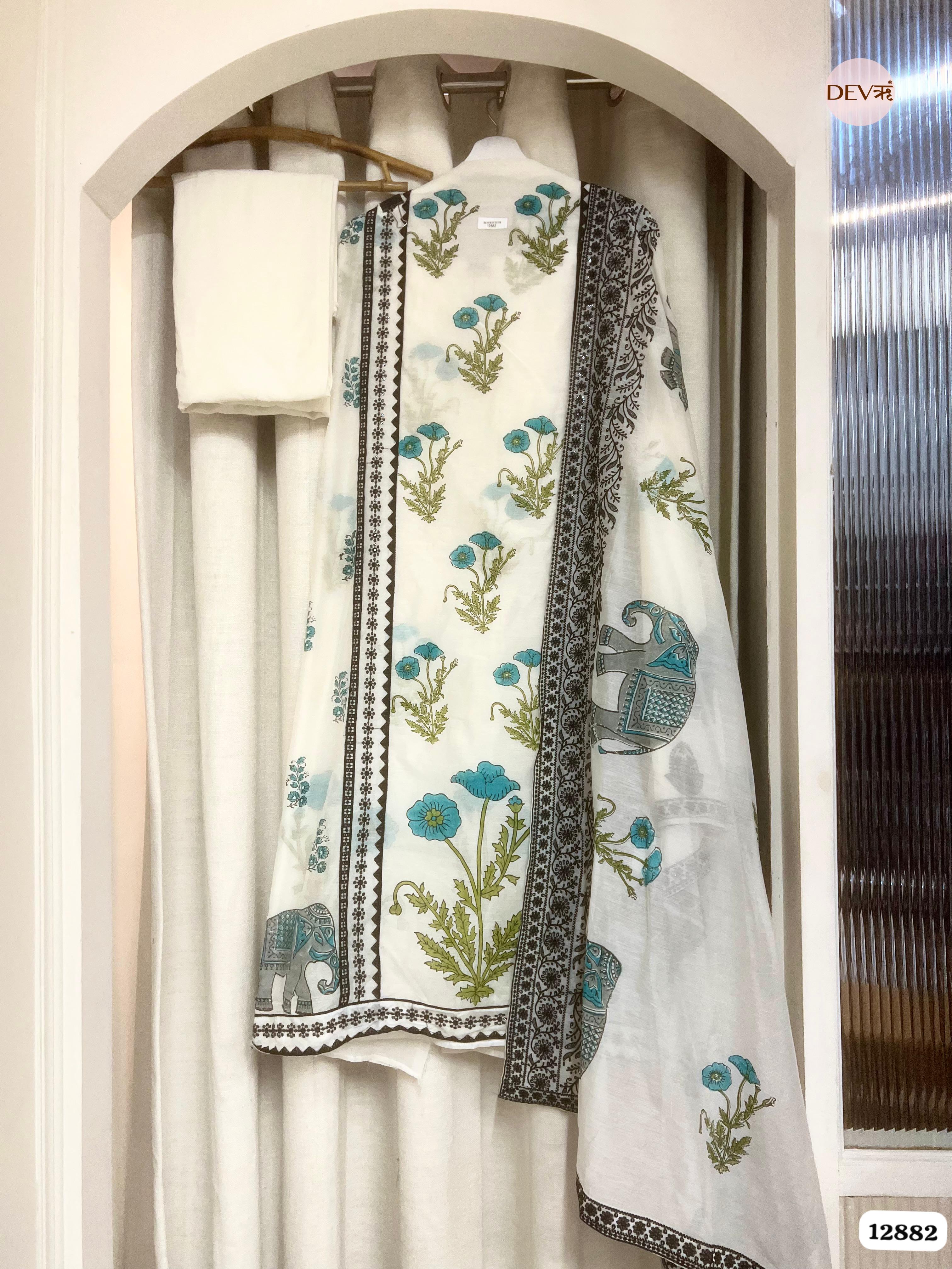 White Mul Chanderi Printed Unstitched 3-Piece Suit (Devri – D.No 12882)