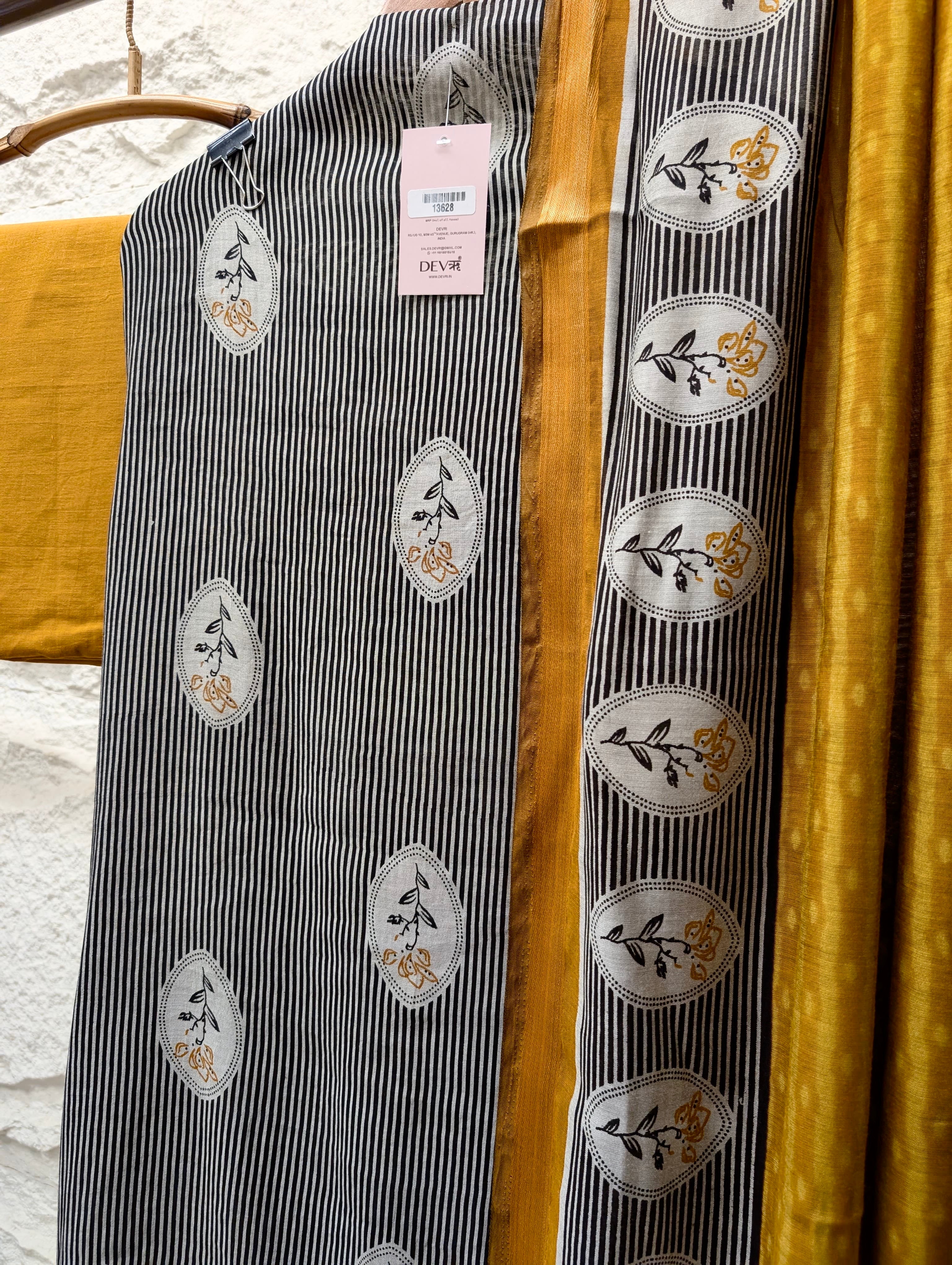 Black Maheshwari Silk Printed Unstitched 3-Piece Suit (Devri – D.No 13628)