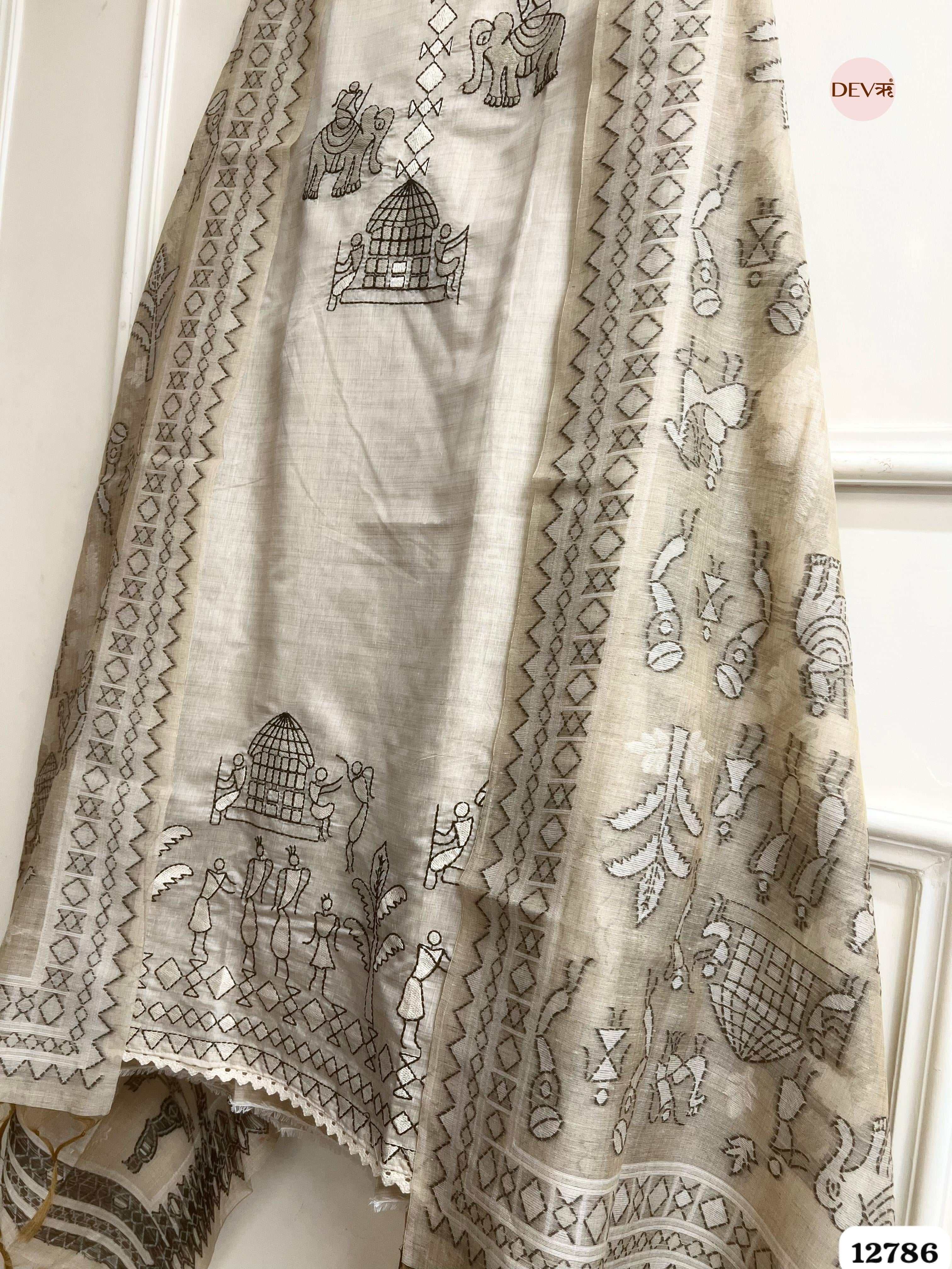Beige Mul Chanderi Printed Unstitched 3-Piece Suit (Devri – D.No 12786)
