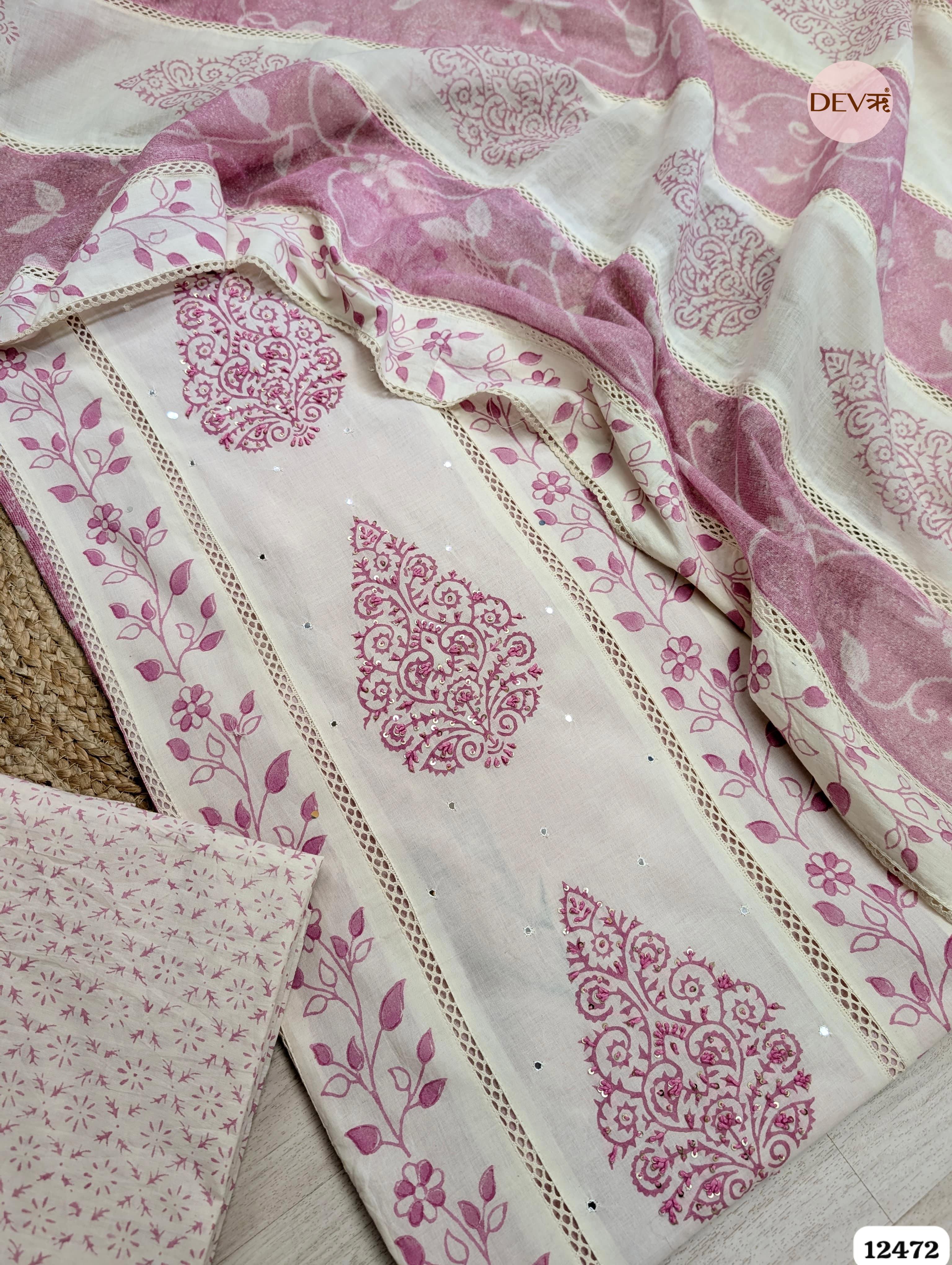 Pink & White Pure Cotton Printed & Embroidered Unstitched 3-Piece Suit (Devri – D.No 12472)