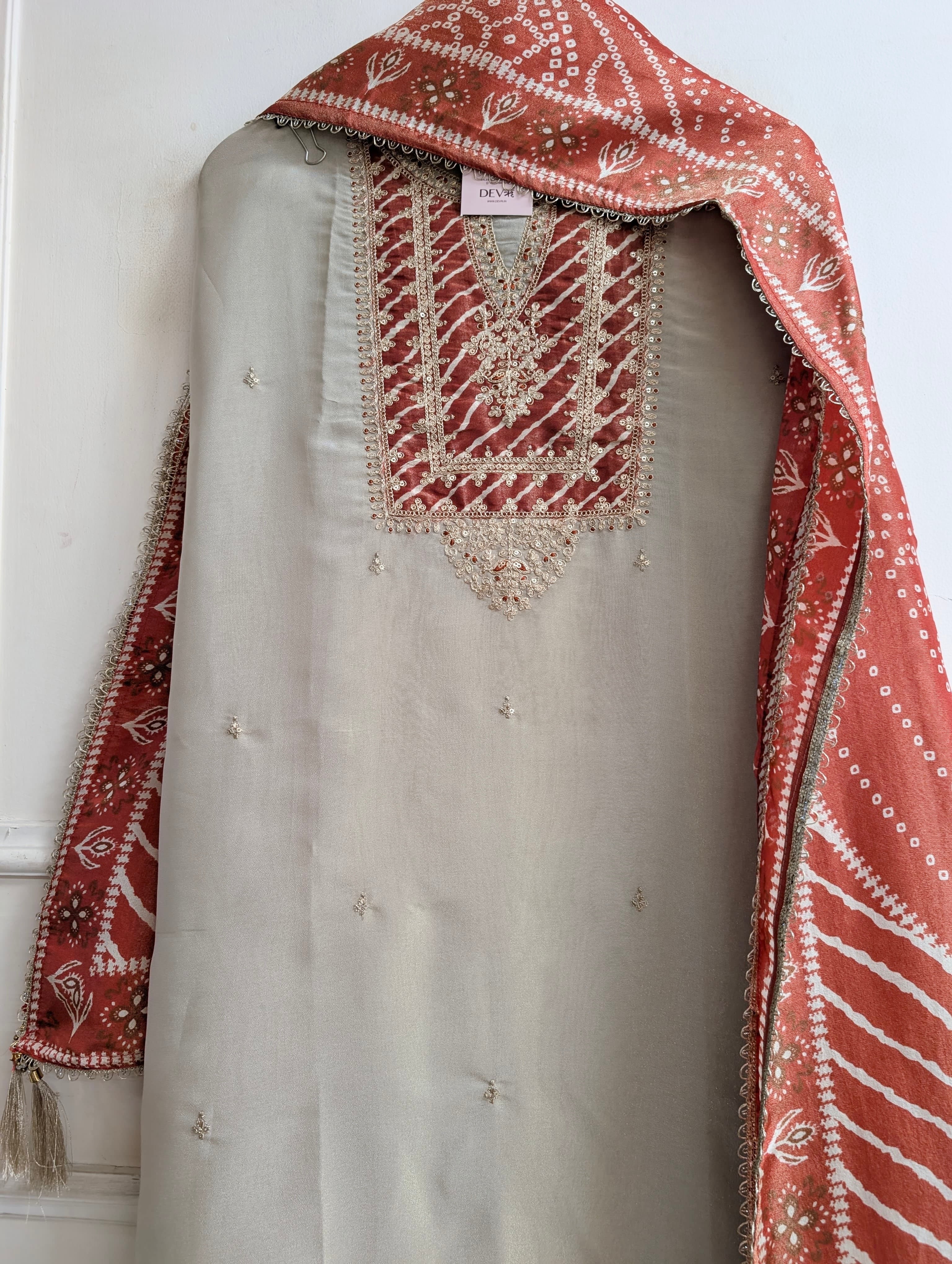 Beige Tissue Silk Embroidered Unstitched 3-Piece Suit (Devri – D.No 13720)
