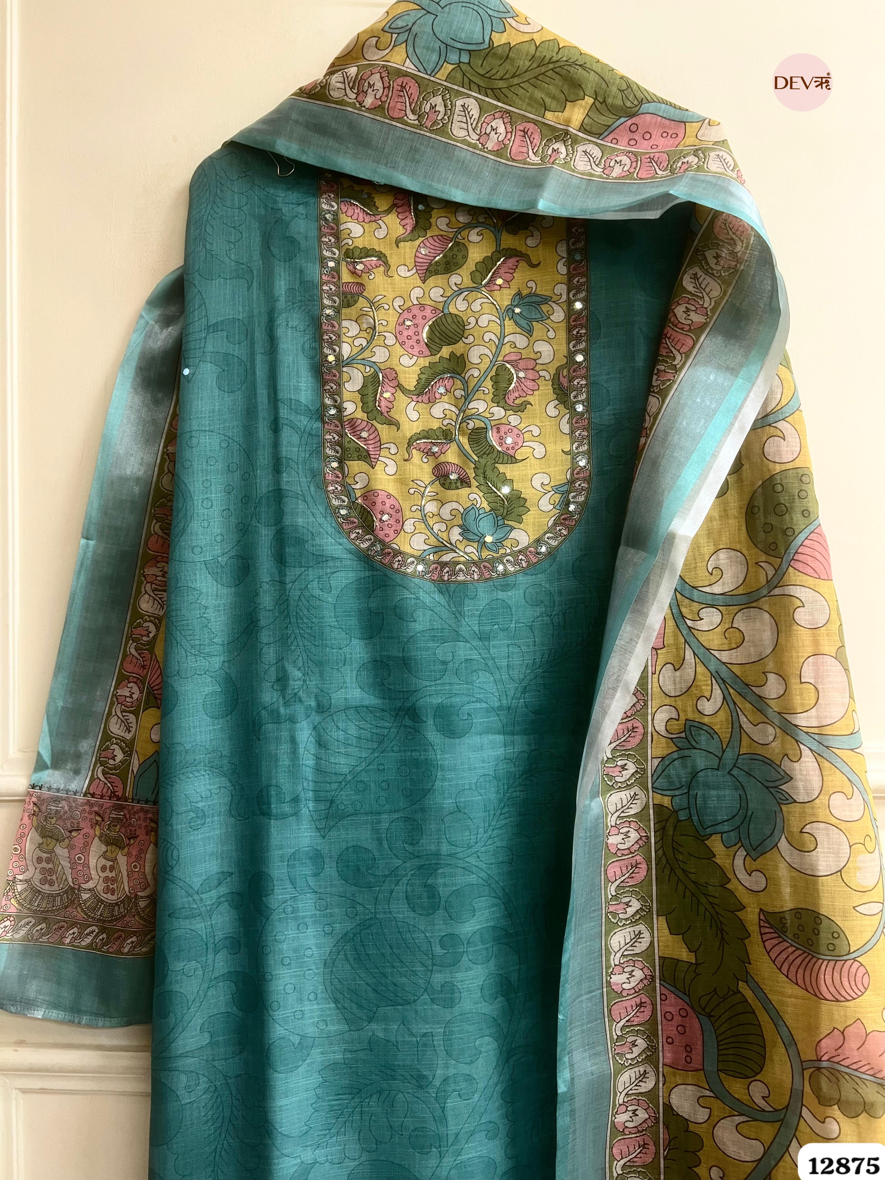 Teal Blue Linen Cotton Printed Unstitched 3-Piece Suit (Devri – D.No 12875)