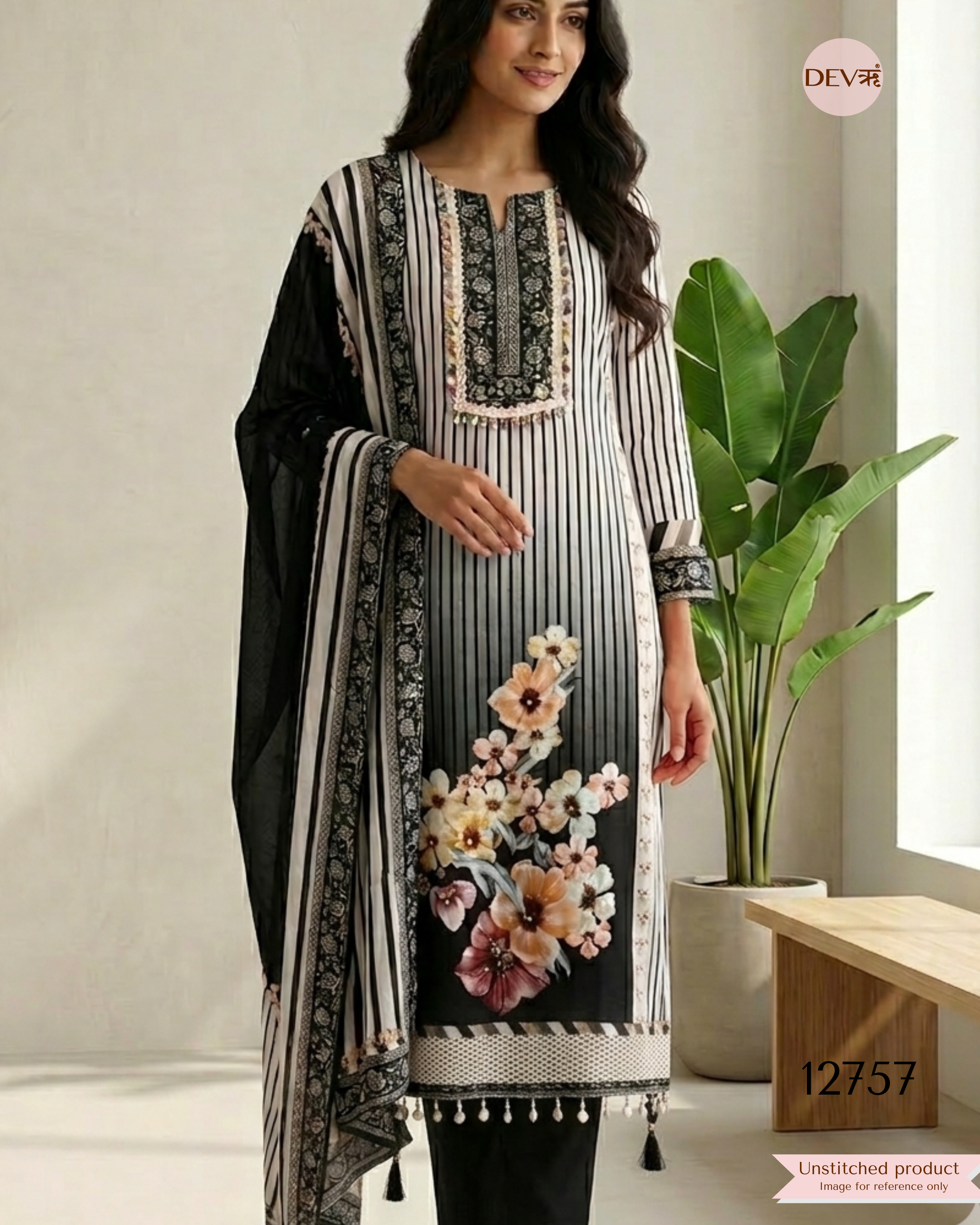 Black Muslin Floral Printed Unstitched 3-Piece Suit (Devri – D.No 12757)