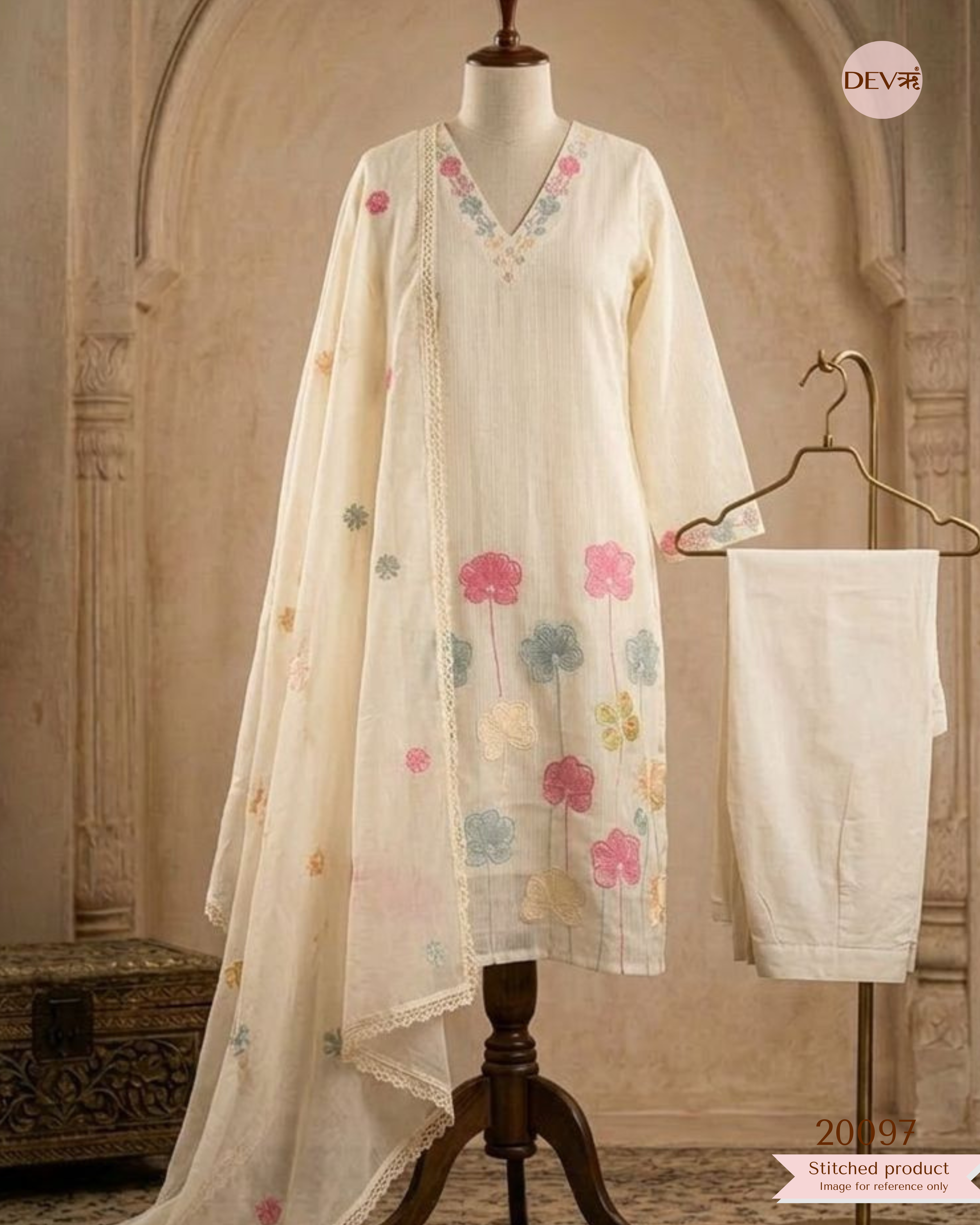 Kaveri Pure Cotton Embroidered Ivory 3-Piece Set (Devri – D.No 20097)
