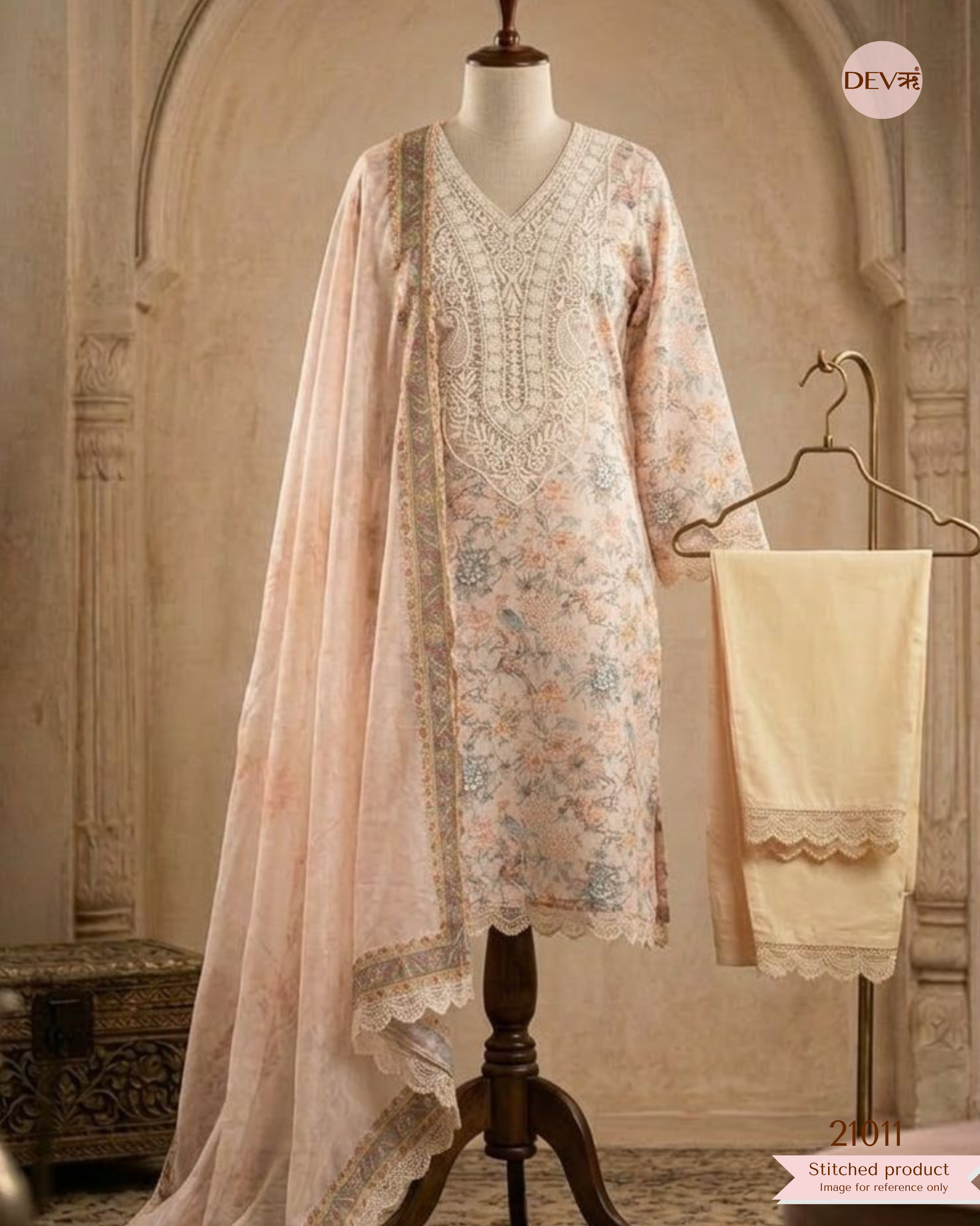 Vanya Pure Cotton Printed Peach 3-Piece Set (Devri – D.No 21011)