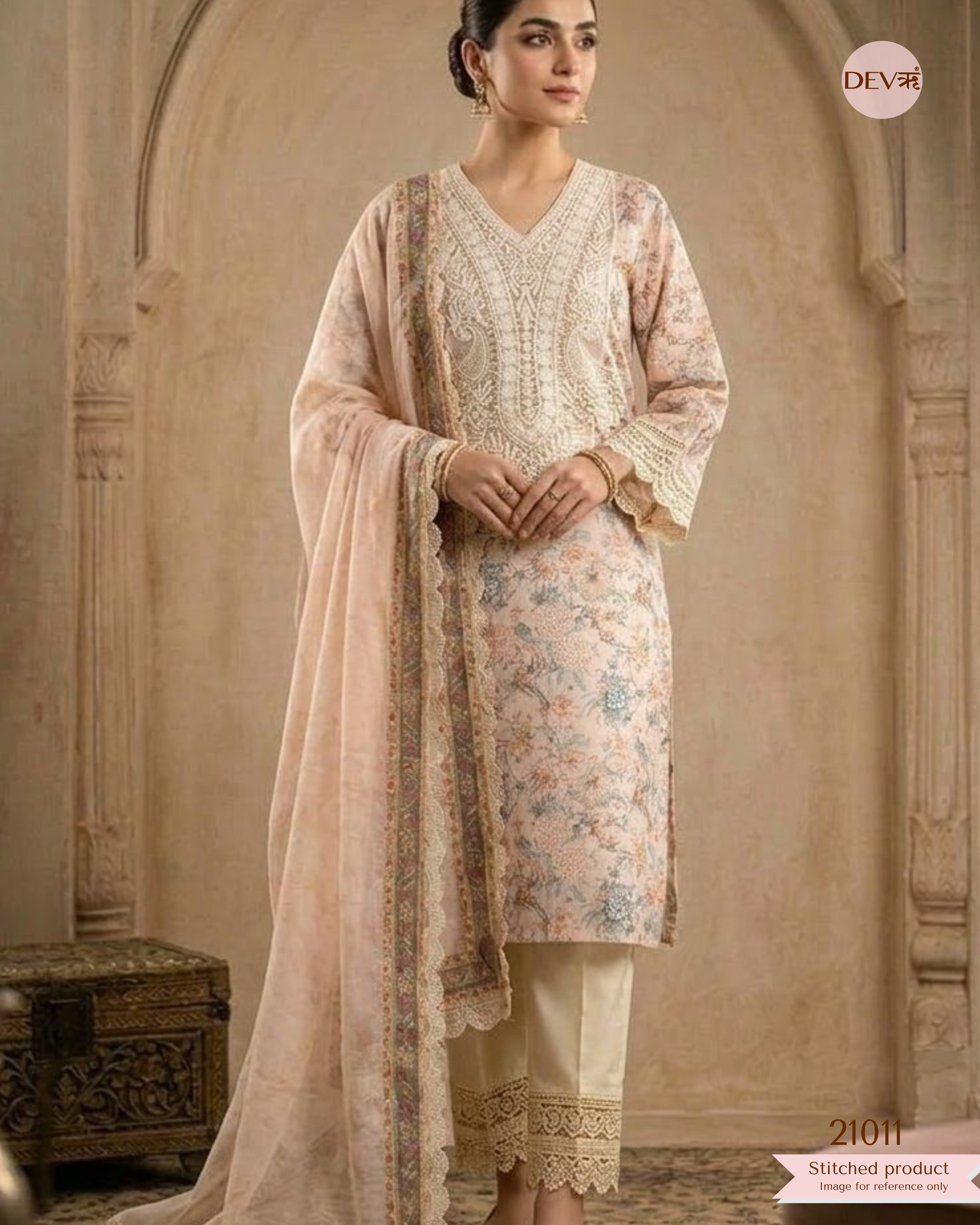 Vanya Pure Cotton Printed Peach 3-Piece Set (Devri – D.No 21011)