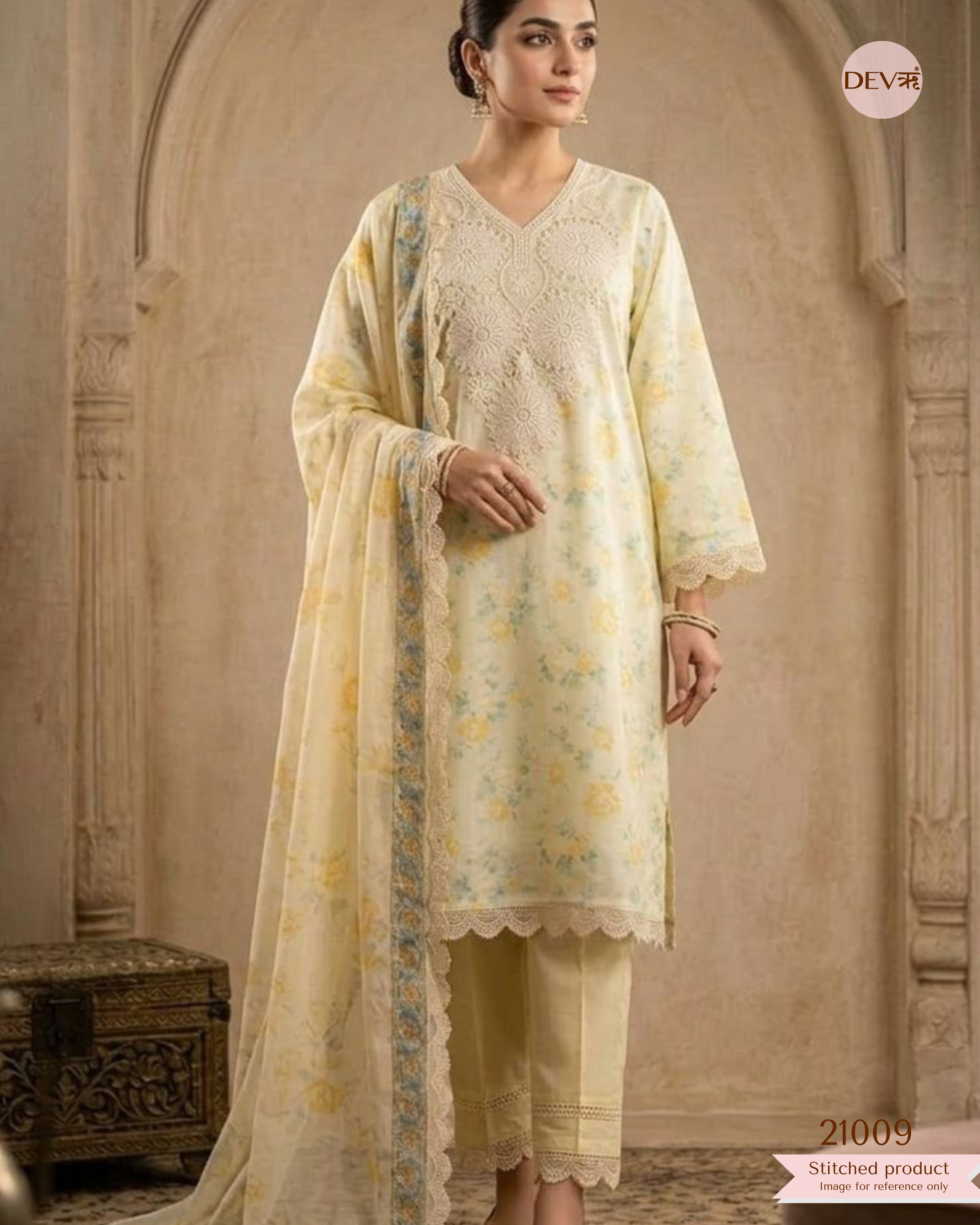 Gayatri Pure Cotton Printed Lemon Yellow 3-Piece Set (Devri – D.No 21009)
