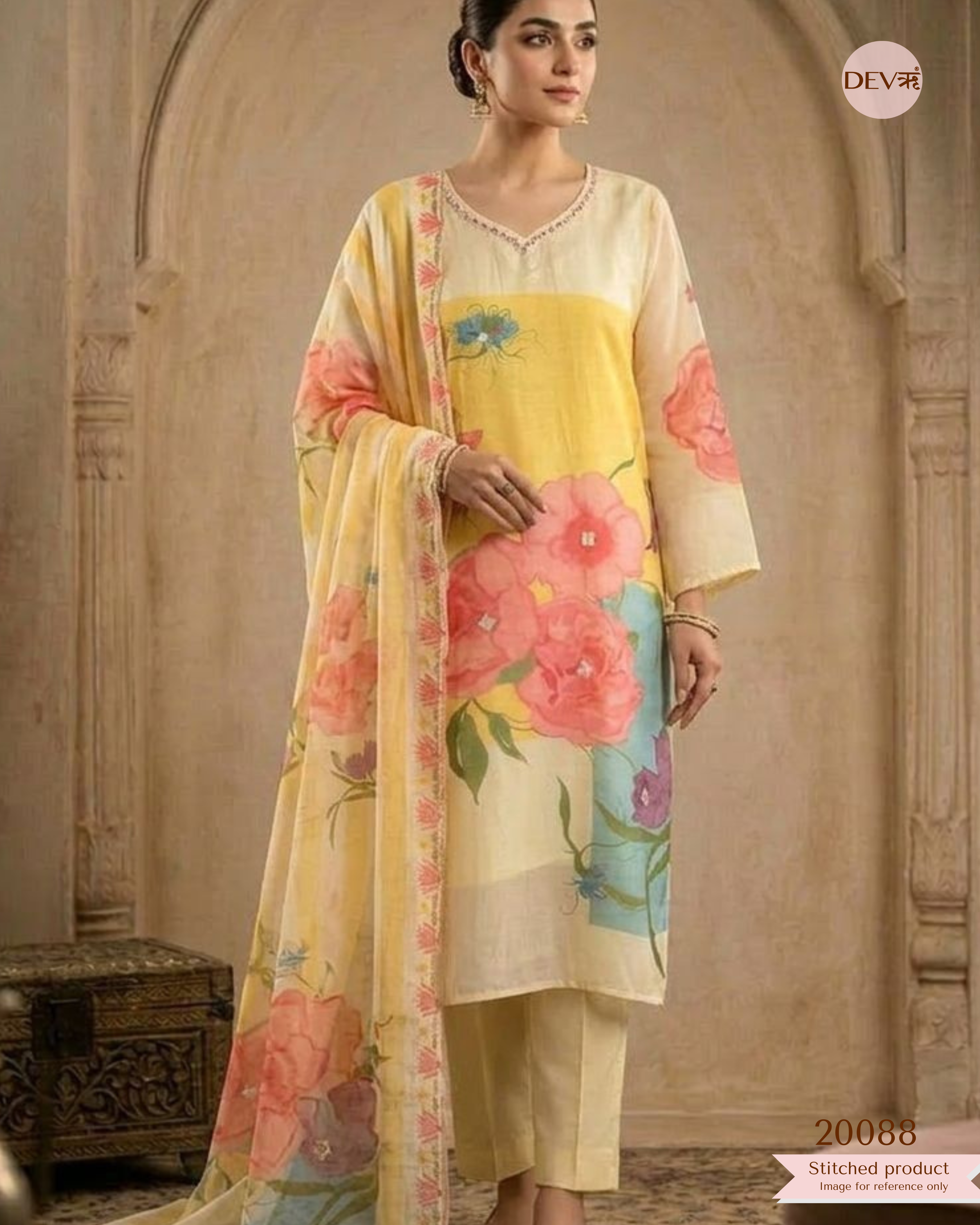 Saanvi Pure Cotton Printed Yellow & Teal 3-Piece Set (Devri – D.No 20088)