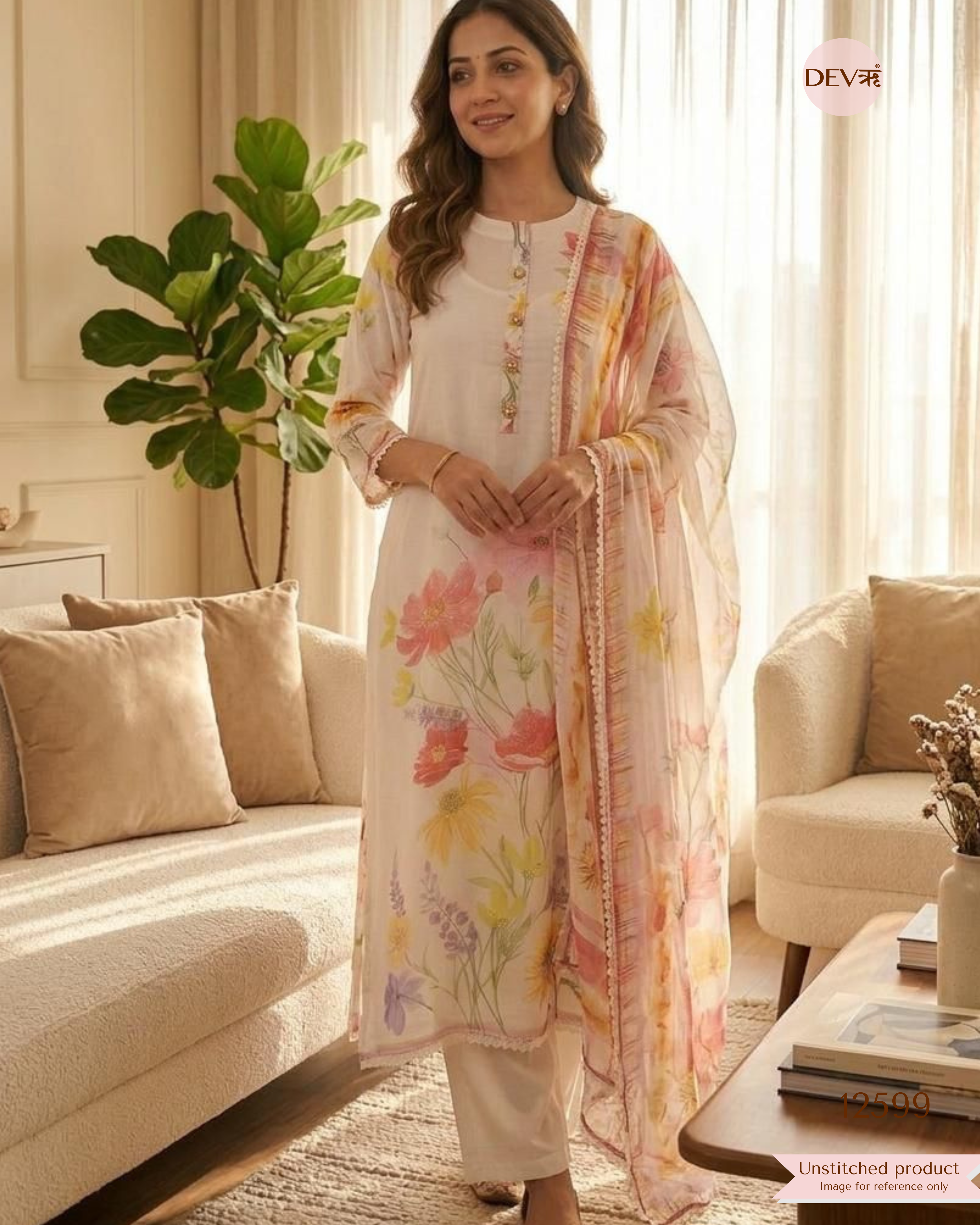 Ivory Organza Floral Printed Unstitched 3-Piece Suit (Devri – D.No 12599)