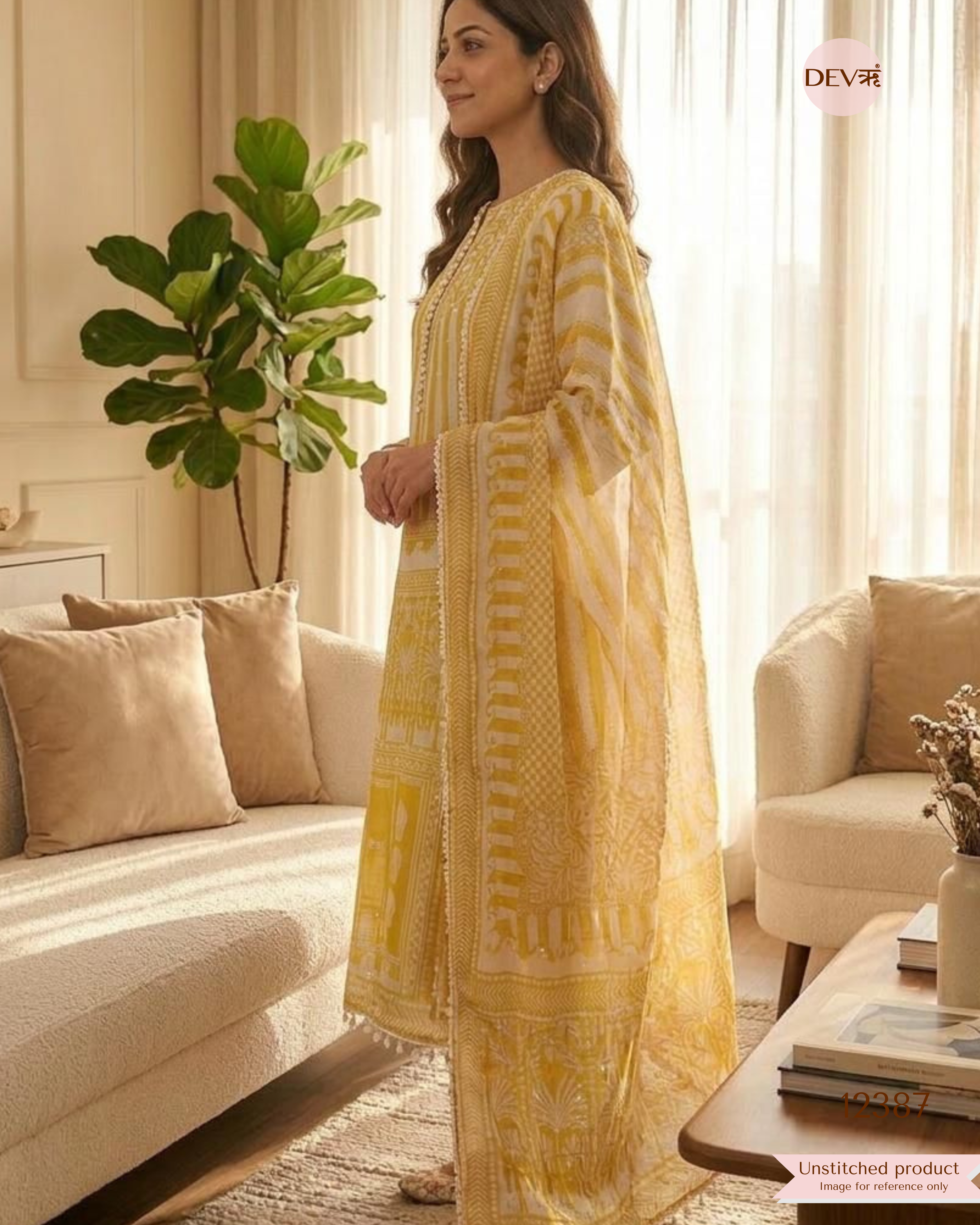 Pastel Yellow Organza Embroidered Unstitched 3-Piece Suit (Devri – D.No 12387)