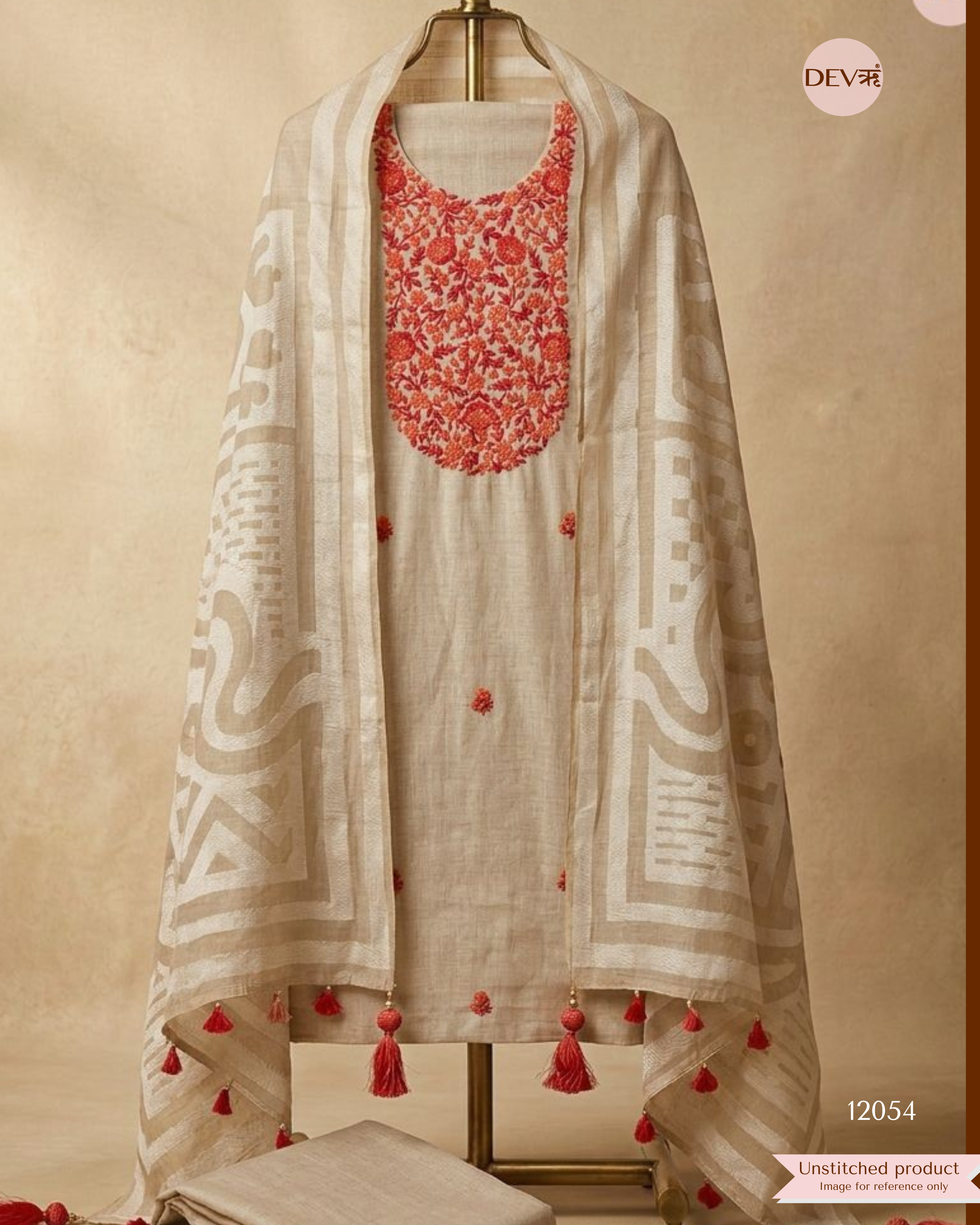 Cream Colour Pure Khadi Silk Unstitched Embroidered -Set Of 3 - {12054}