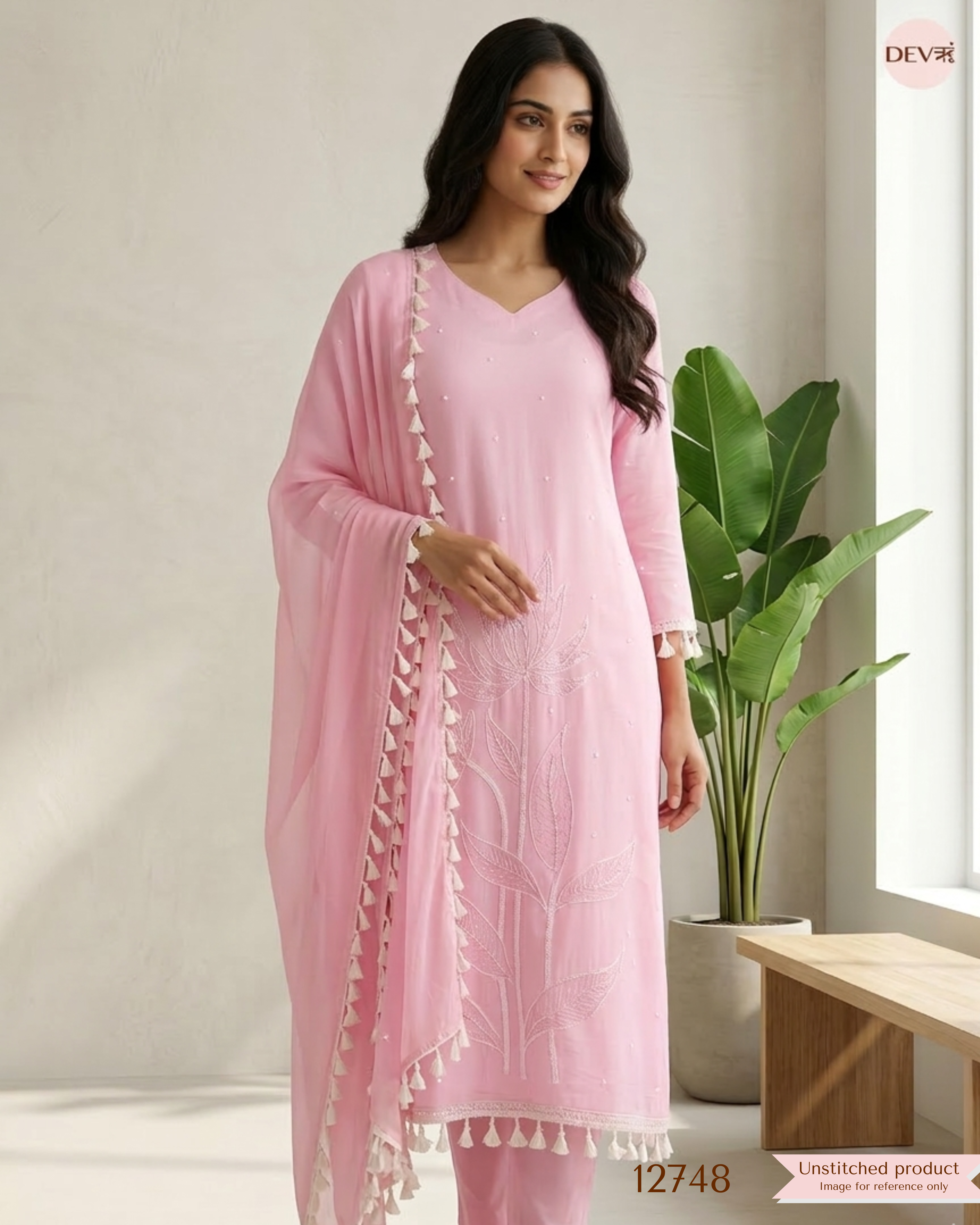 Pink Mul Cotton Embroidered Unstitched 3-Piece Suit (Devri – D.No 12748)