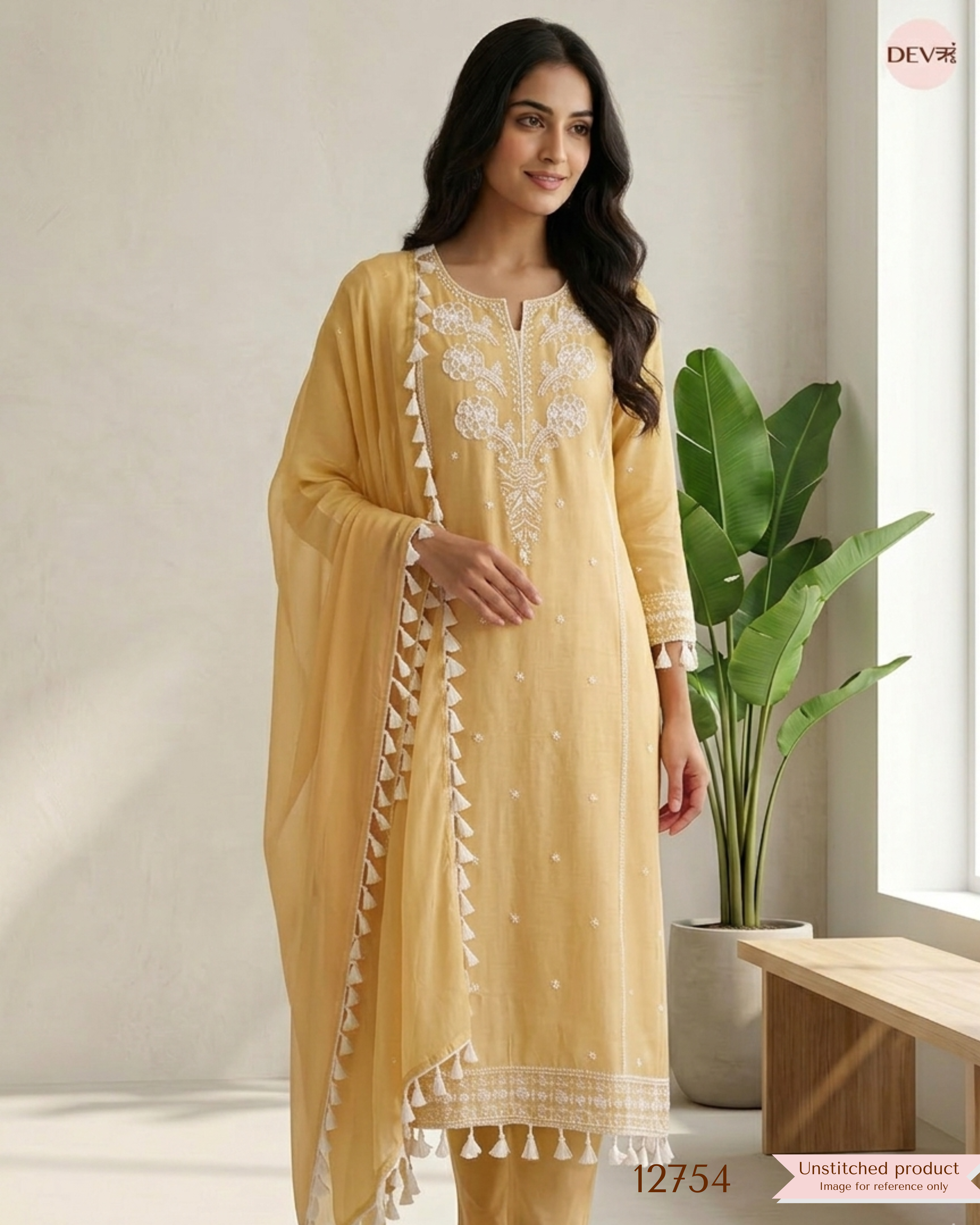 Yellow Mul Cotton Embroidered Unstitched 3-Piece Suit (Devri – D.No 12754)