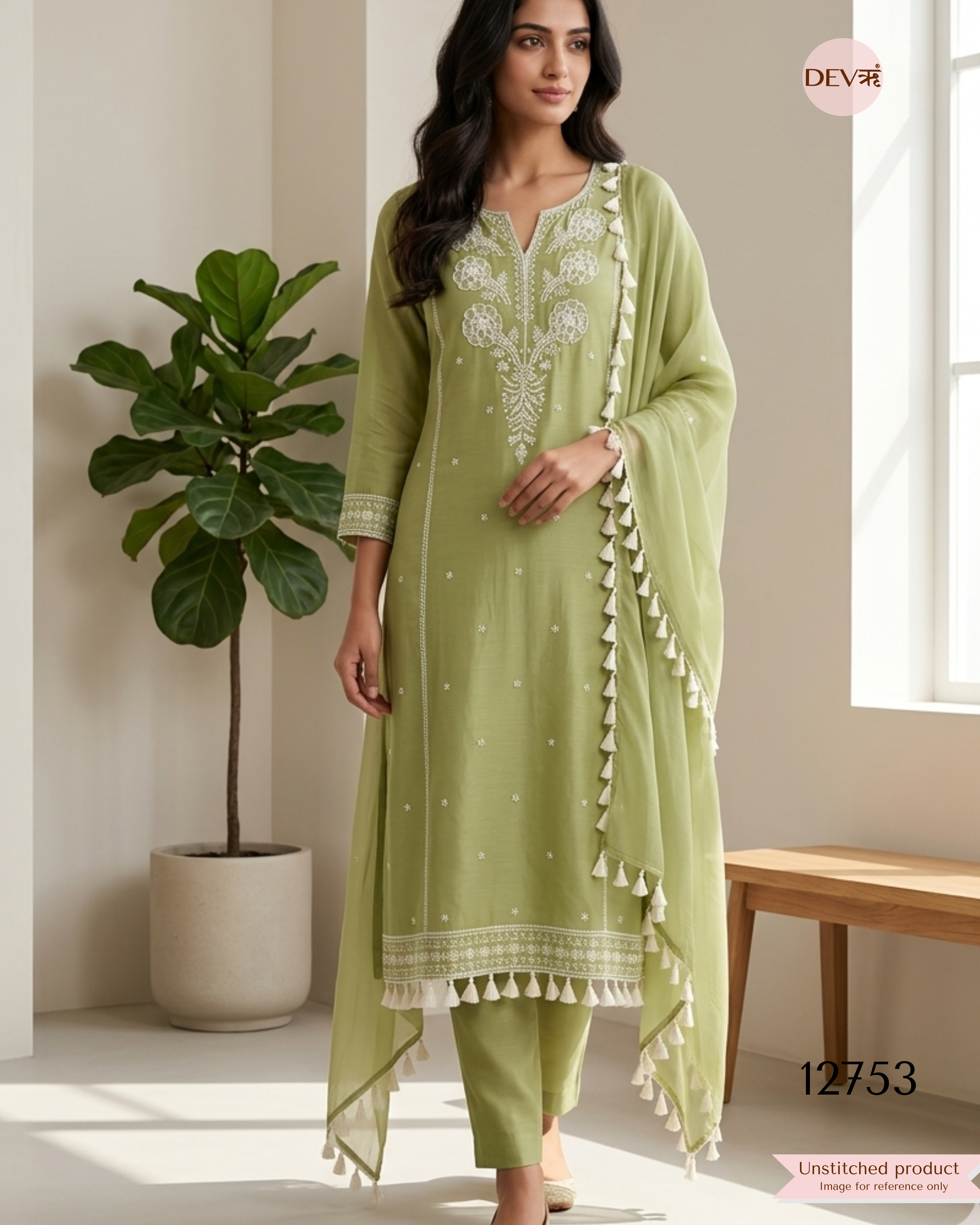 Mehendi Green Mul Cotton Embroidered Unstitched 3-Piece Suit (Devri – D.No 12753)
