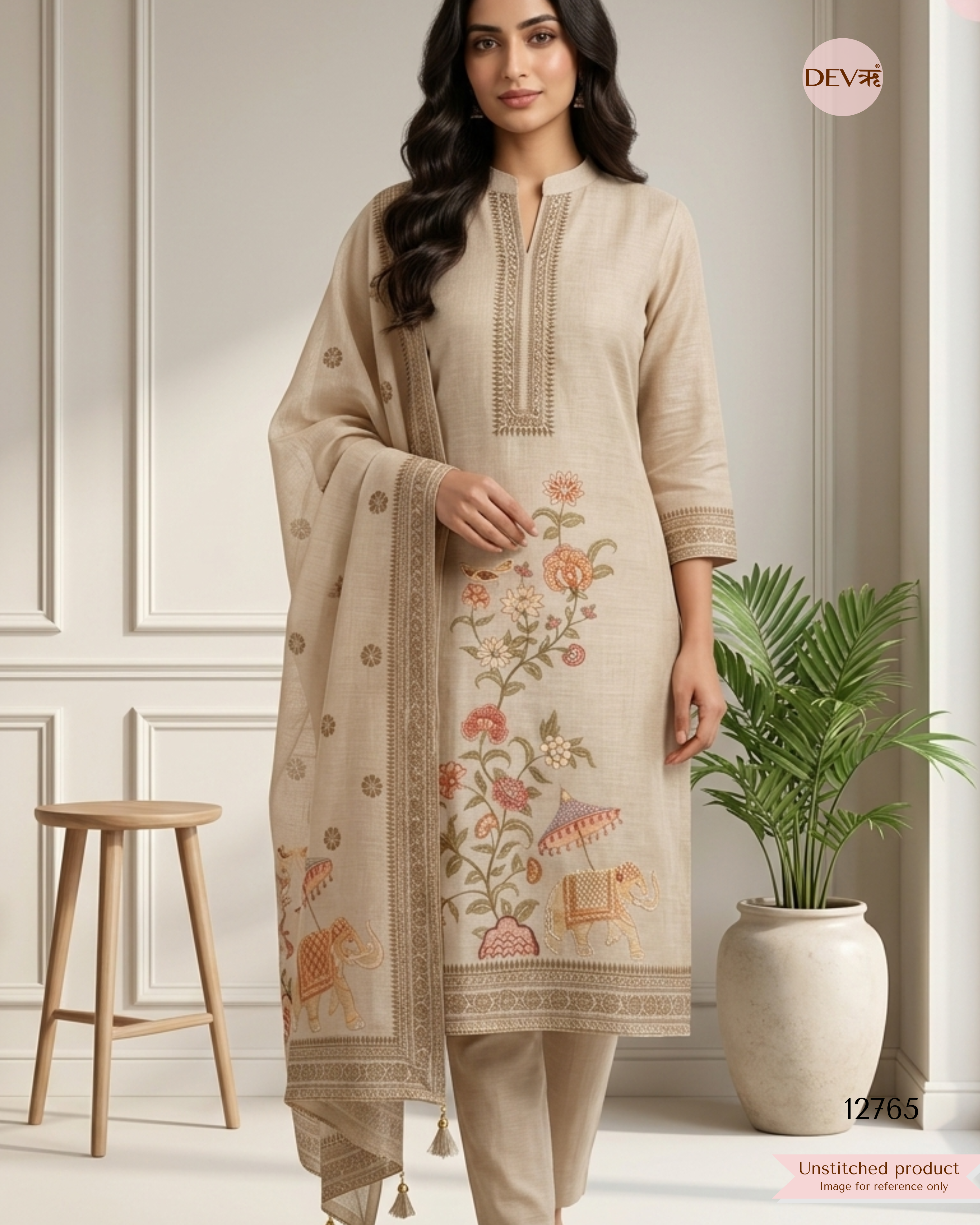 Beige Linen Cotton Embroidered Unstitched 3-Piece Suit (Devri – D.No 12765)