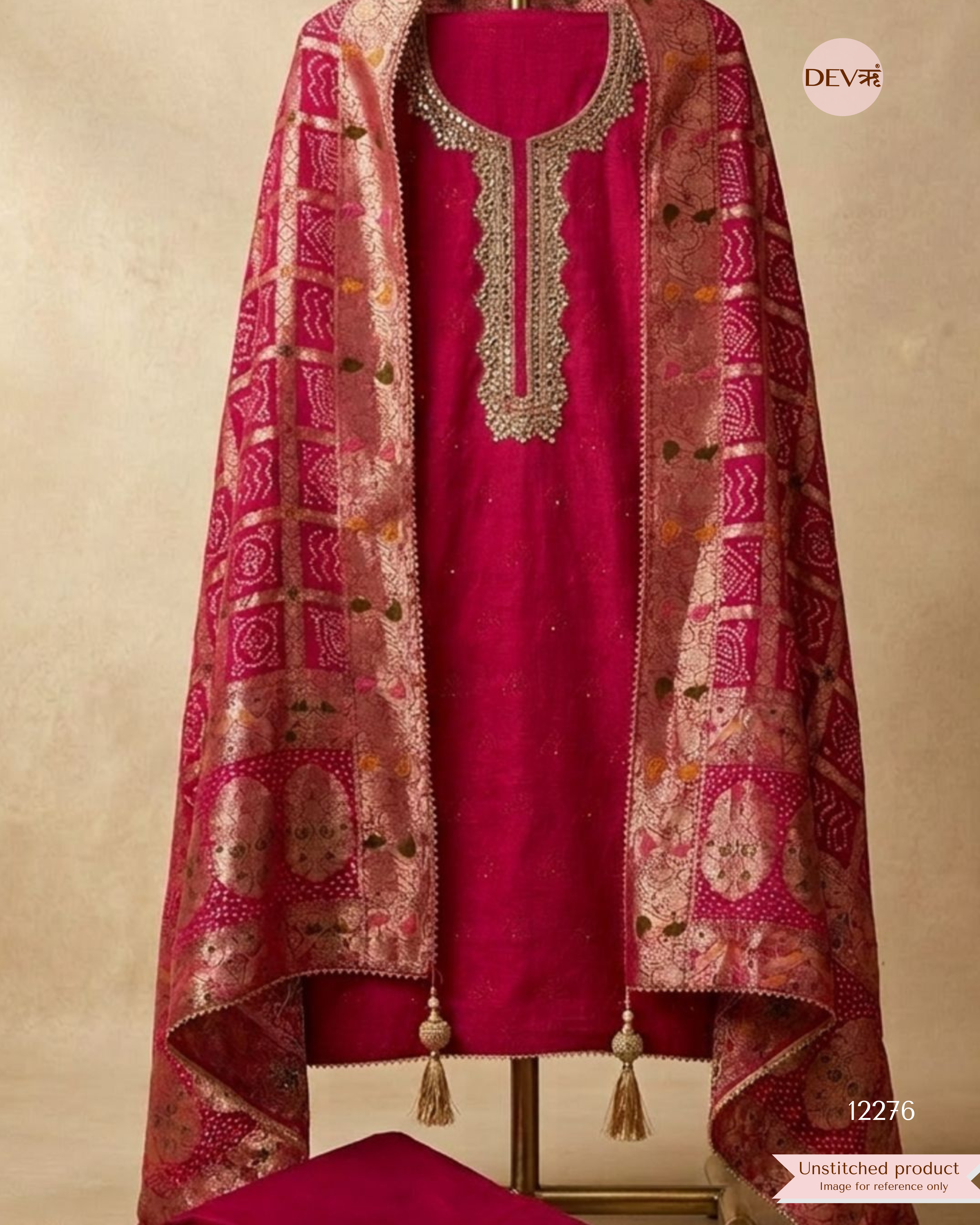 Rani Pink Pure Russian Silk Embroidered Unstitched 3-Piece Suit (Devri – D.No 12276)