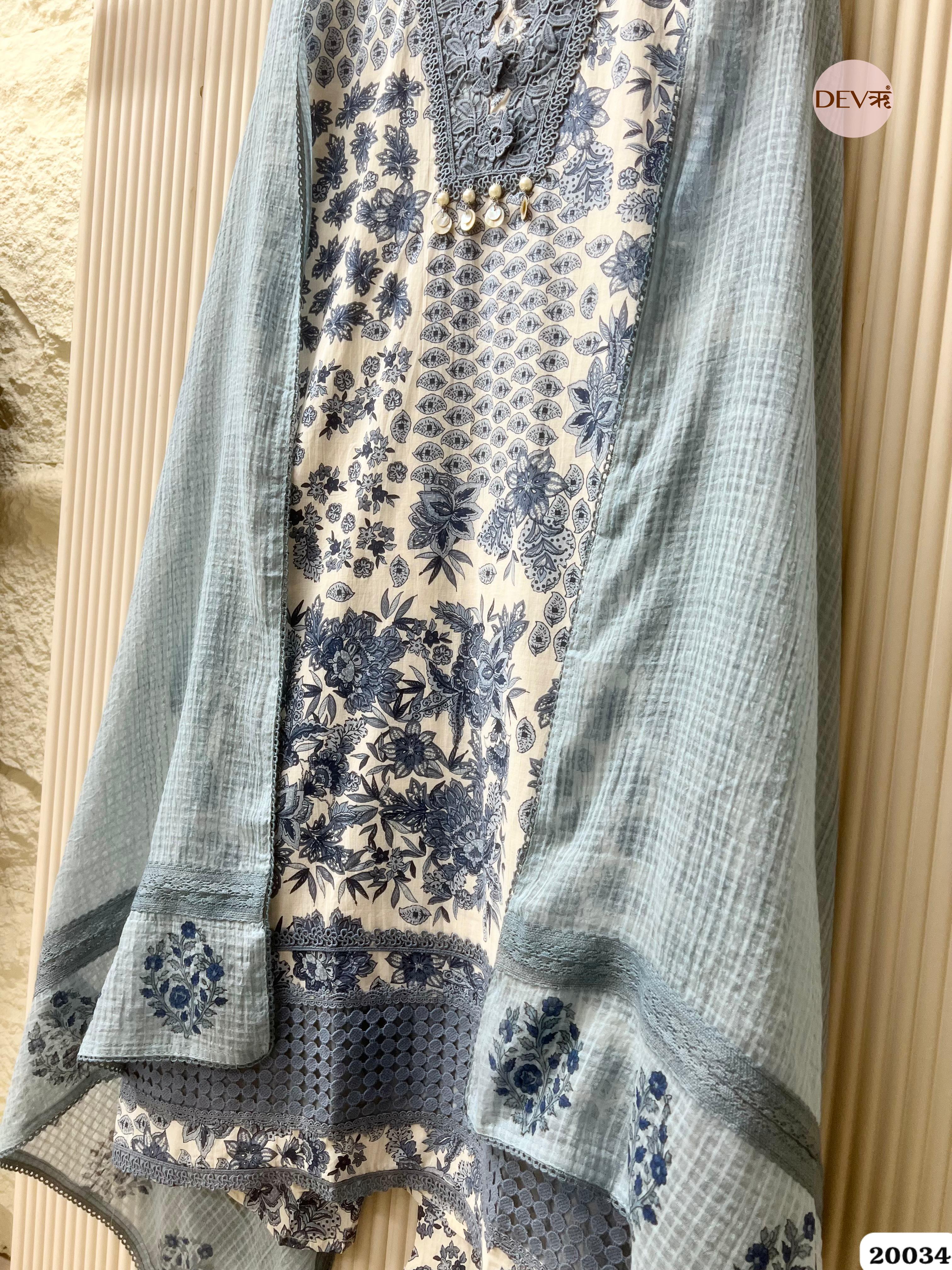 Dusty Blue Pure Cotton Printed Unstitched 3-Piece Suit (Devri – D.No 20034)