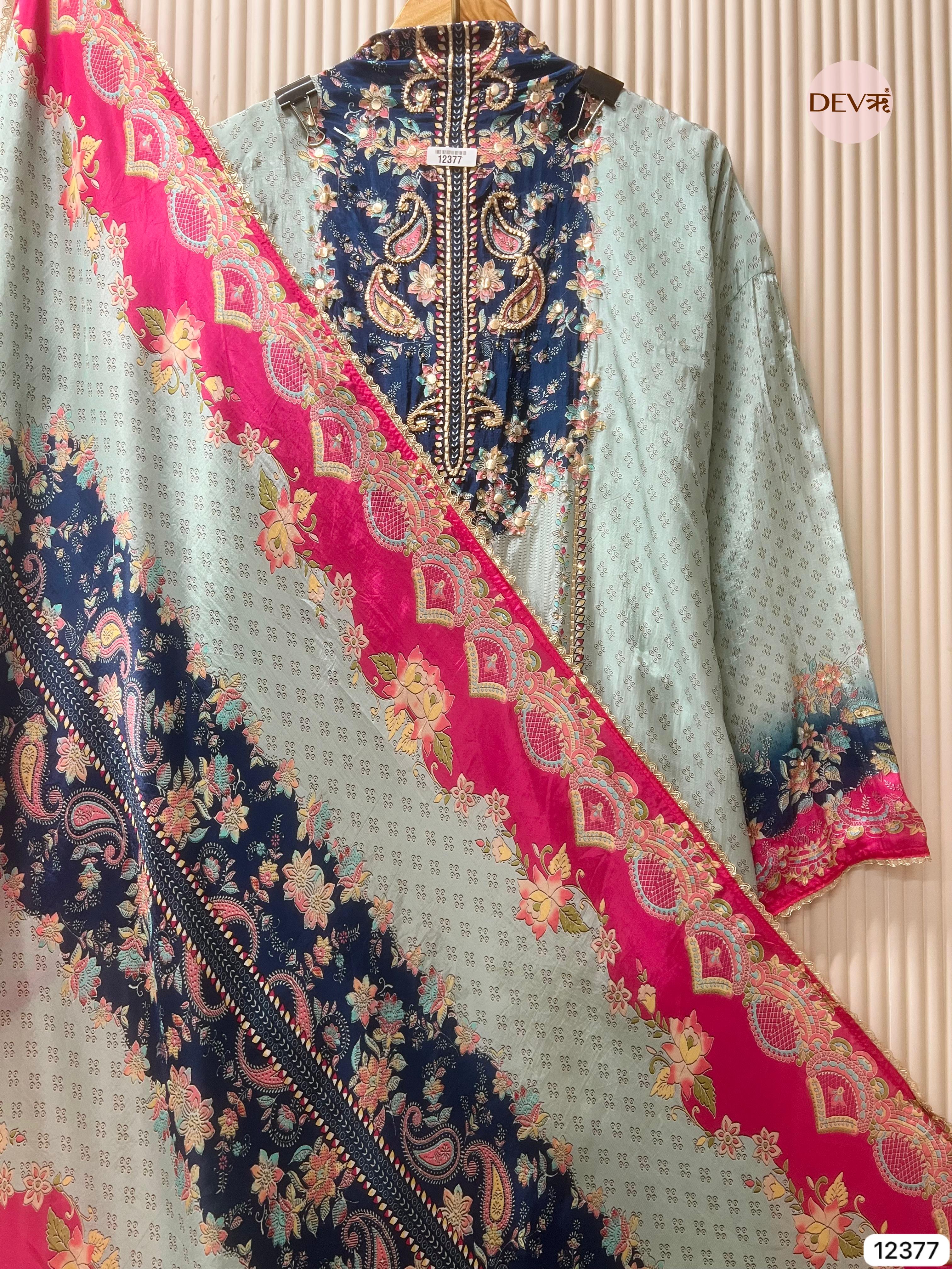 Teal and Navy Muslin Printed Unstitched 3-Piece Suit (Devri – D.No 12377)