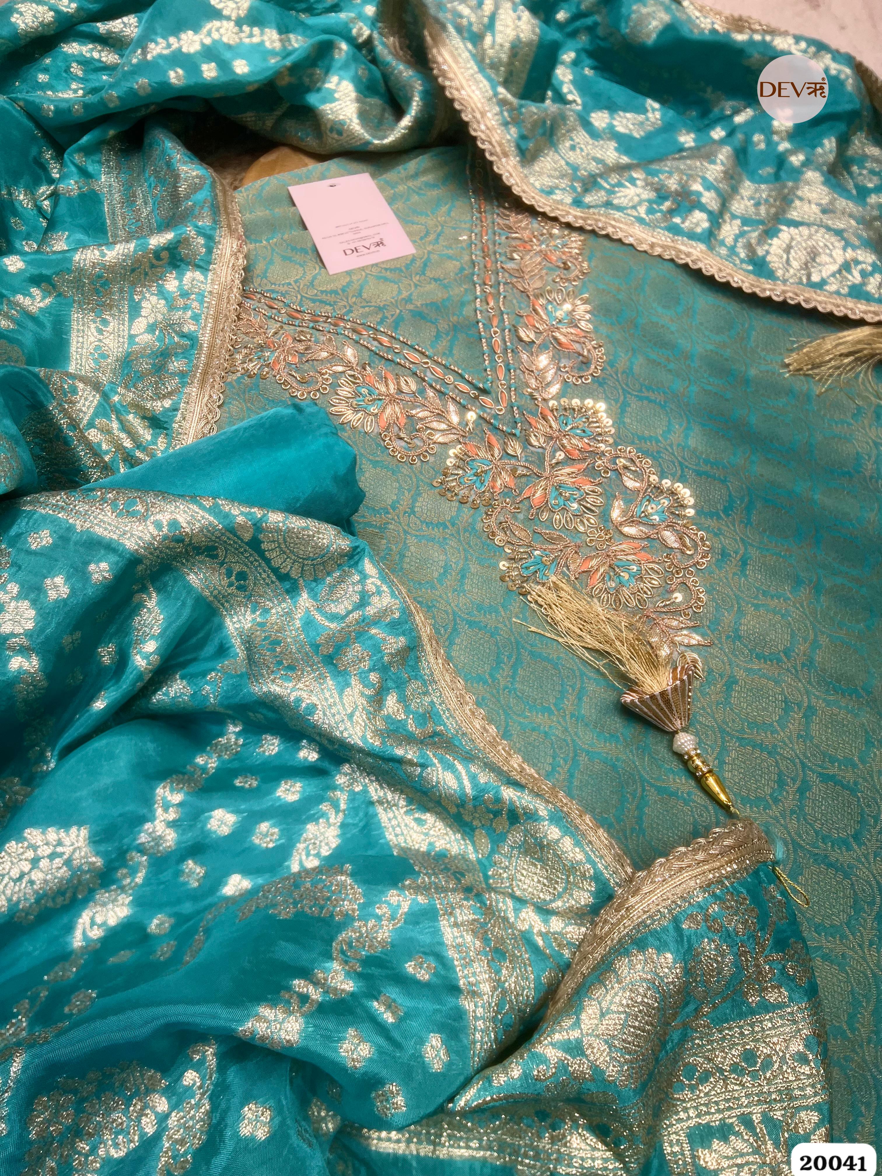 Aqua Teal Banarasi Tissue Embroidered Unstitched 3-Piece Suit (Devri – D.No. 20041 )