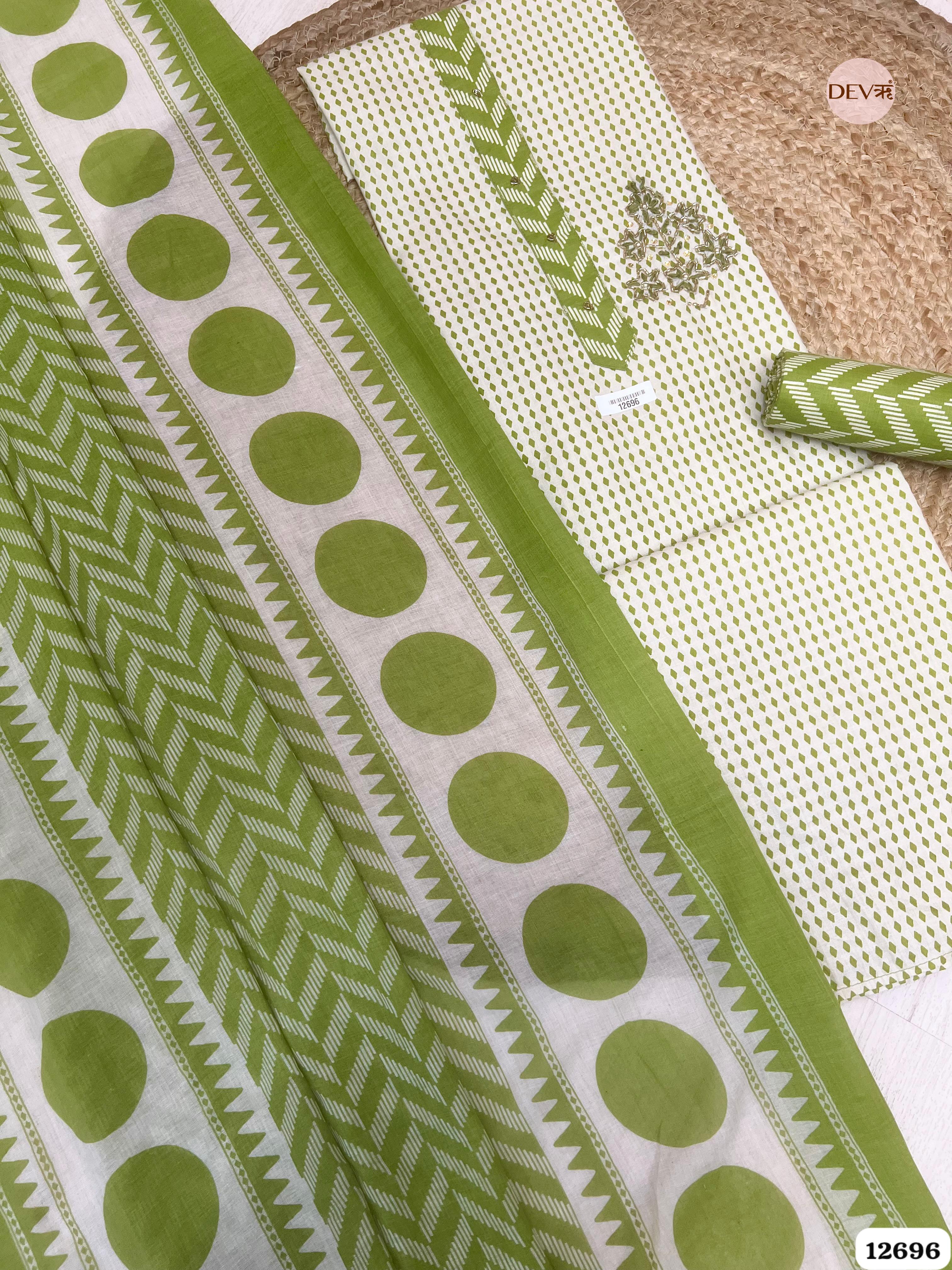 Lime Green Cotton Printed Unstitched 3-Piece Suit (Devri – D.No 12696)