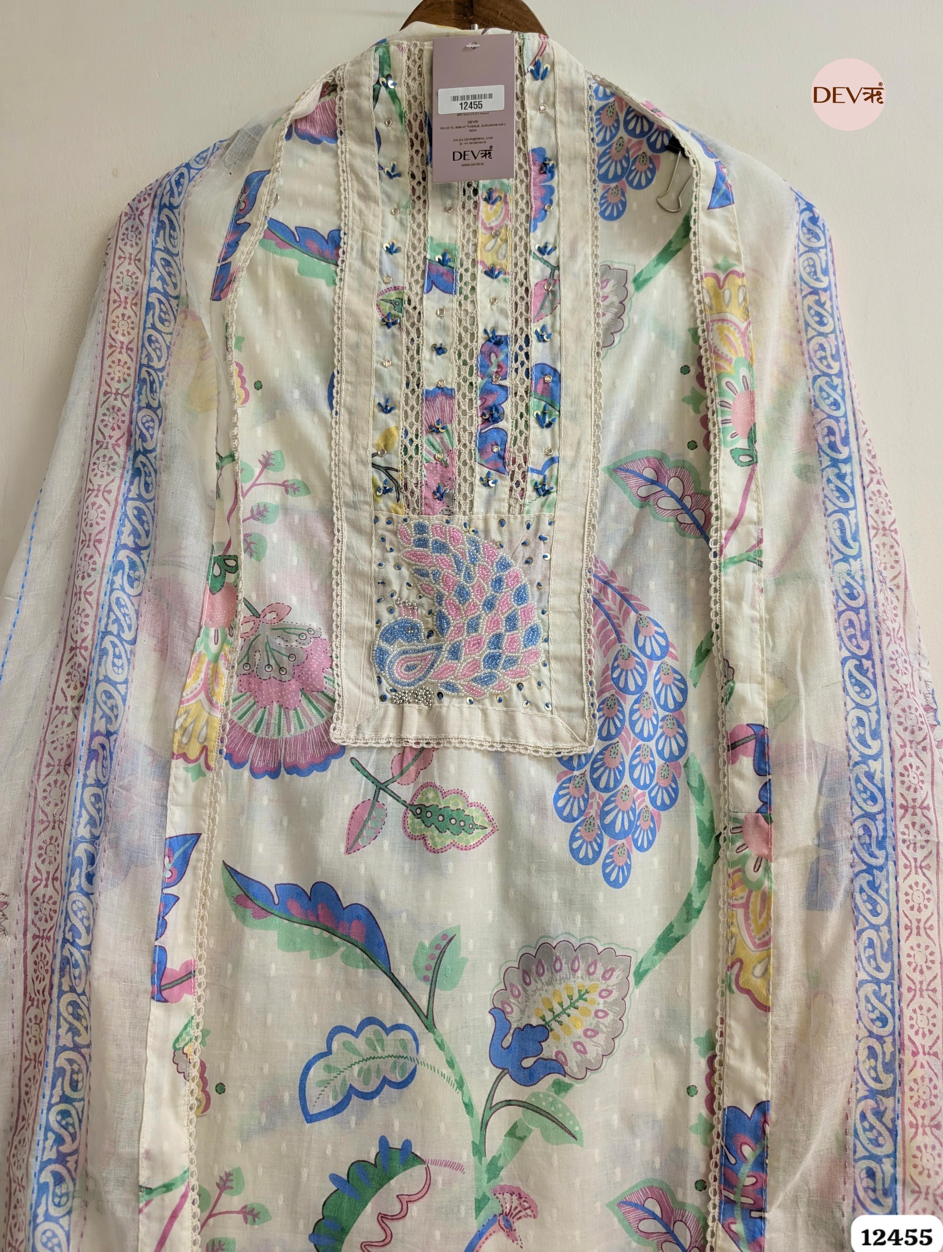 Cream & Blue Pure Cotton Printed Unstitched 3-Piece Suit (Devri – D.No. 12455)