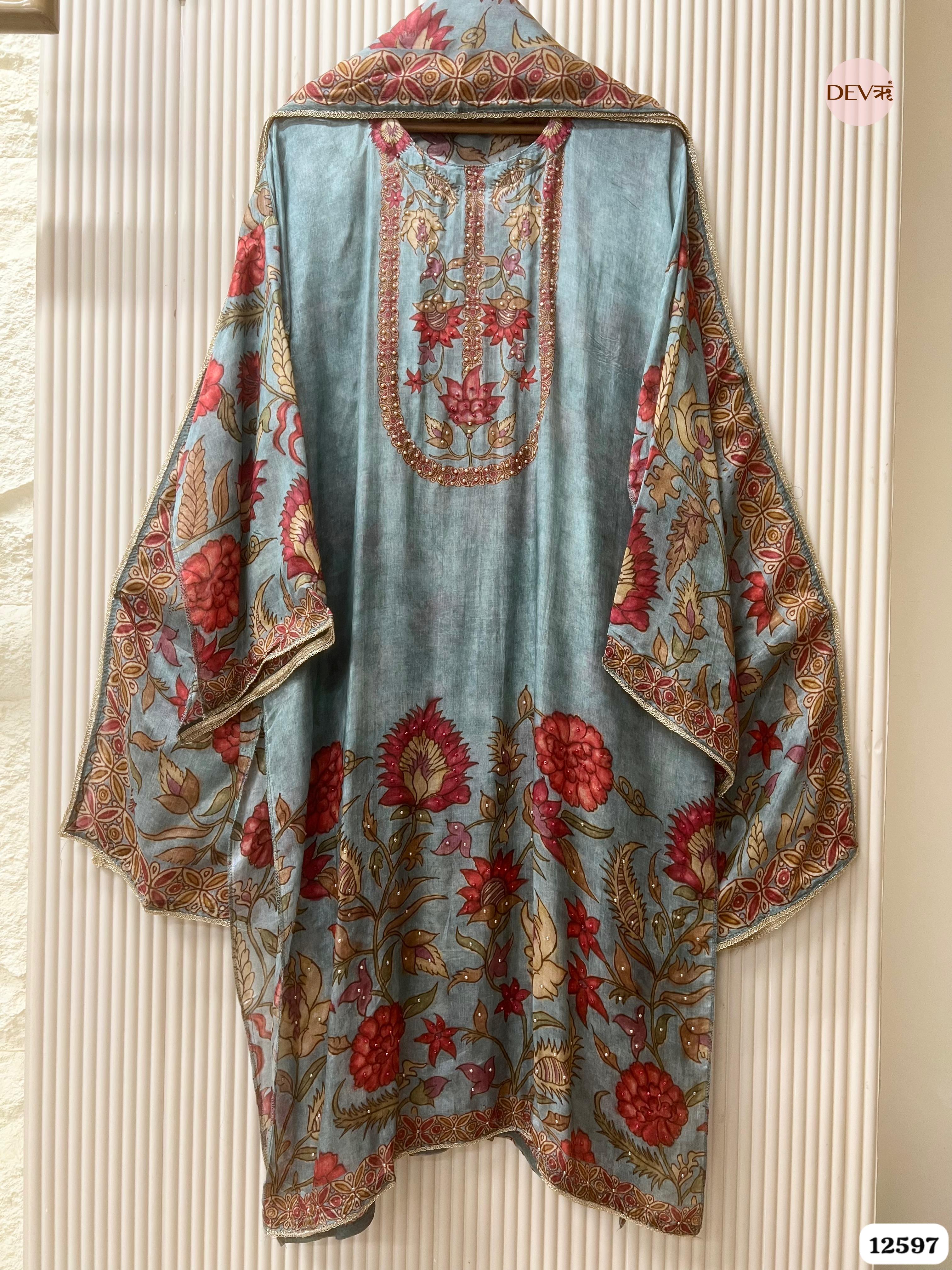 Teal Blue Muslin Floral Printed Unstitched 3-Piece Suit (Devri – D.No 12597)