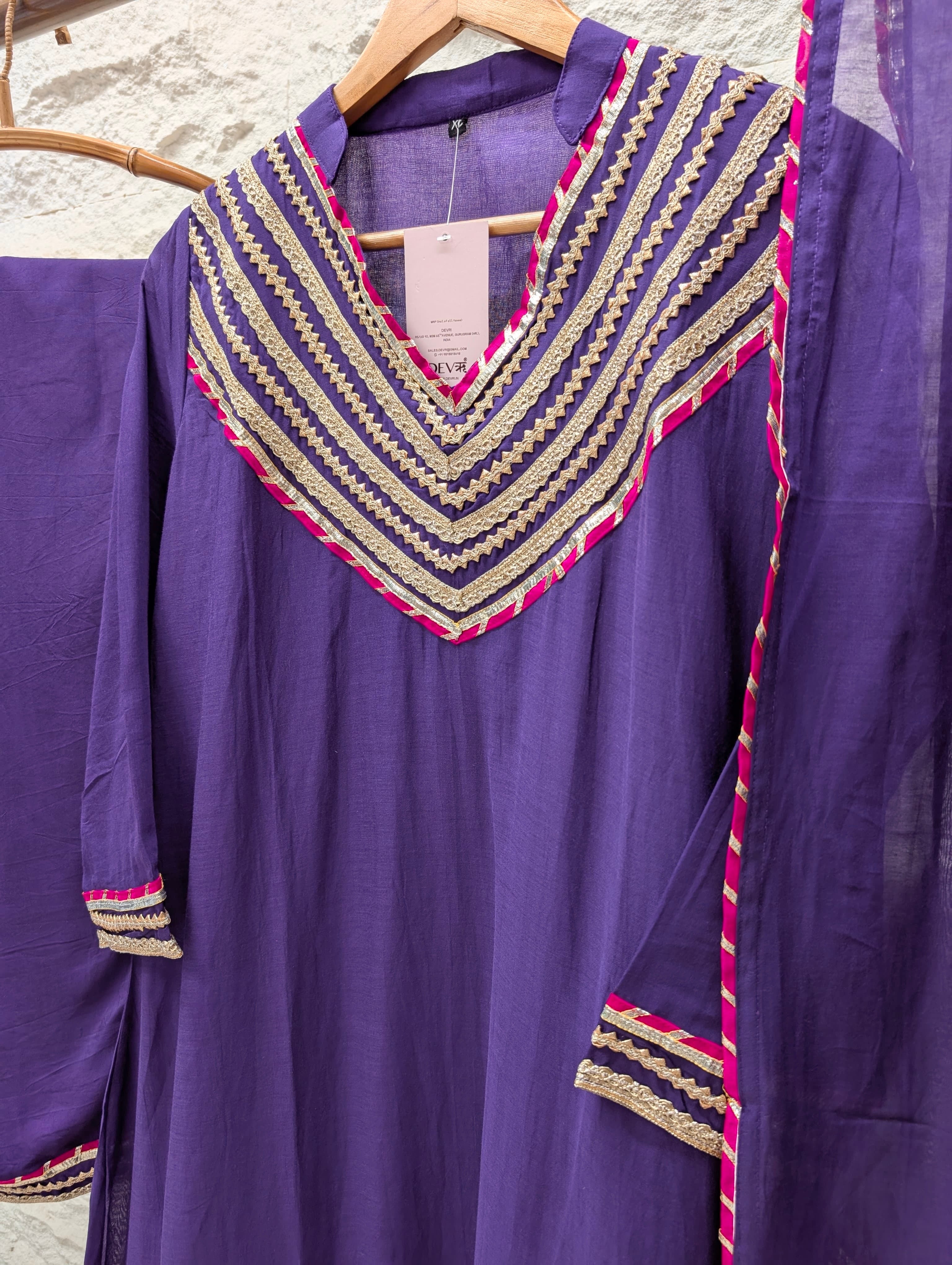 Meher Mul Chanderi Embroidered Purple 3-Piece Set (Devri – D.No 13732)