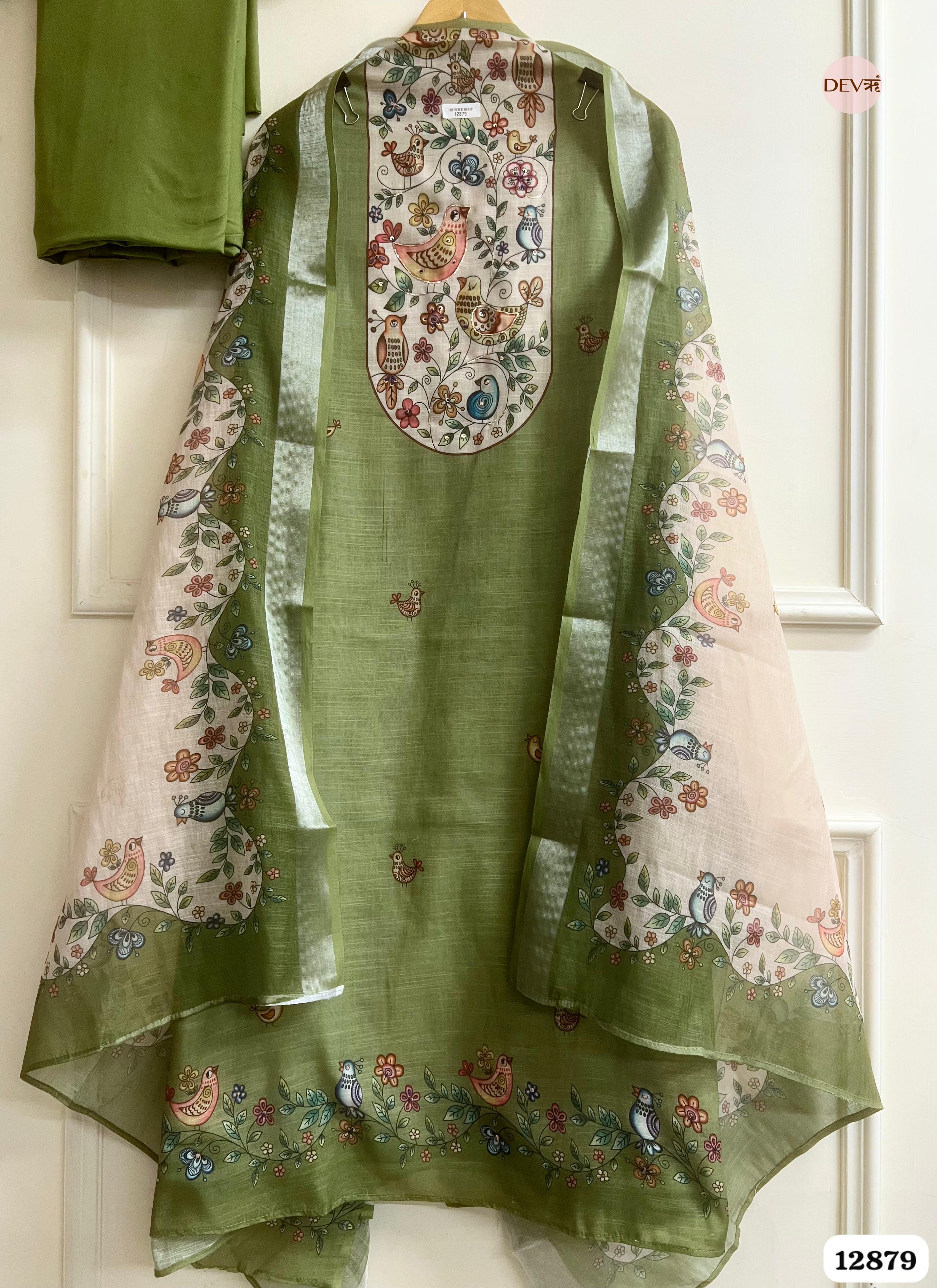 Olive Green Linen Cotton Printed Unstitched 3-Piece Suit (Devri – D.No 12879)