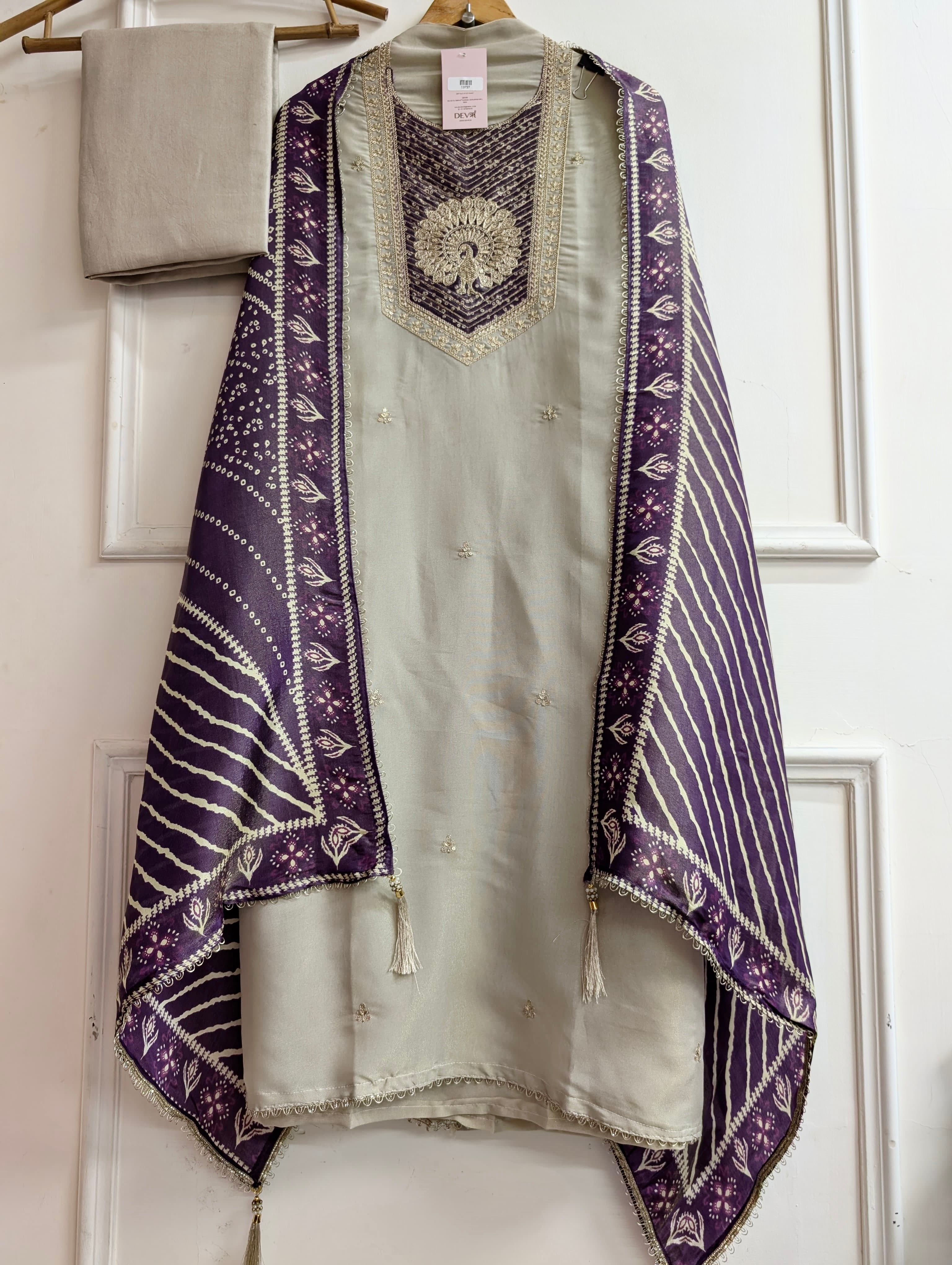Beige Tissue Silk Embroidered Unstitched 3-Piece Suit (Devri – D.No 13737)