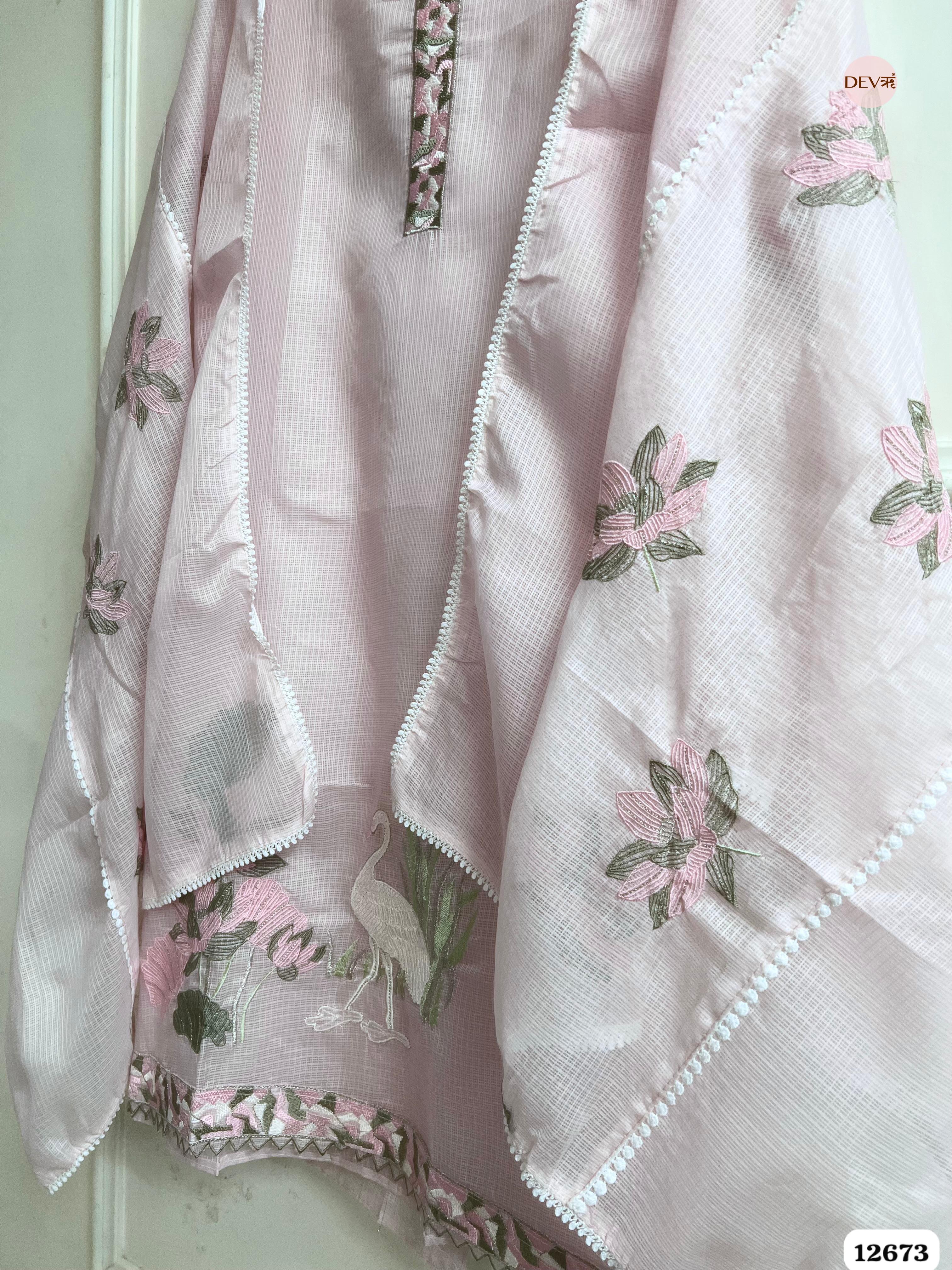 Baby Pink Kota Embroidered Unstitched 3-Piece Suit (Devri – D.No 12673)