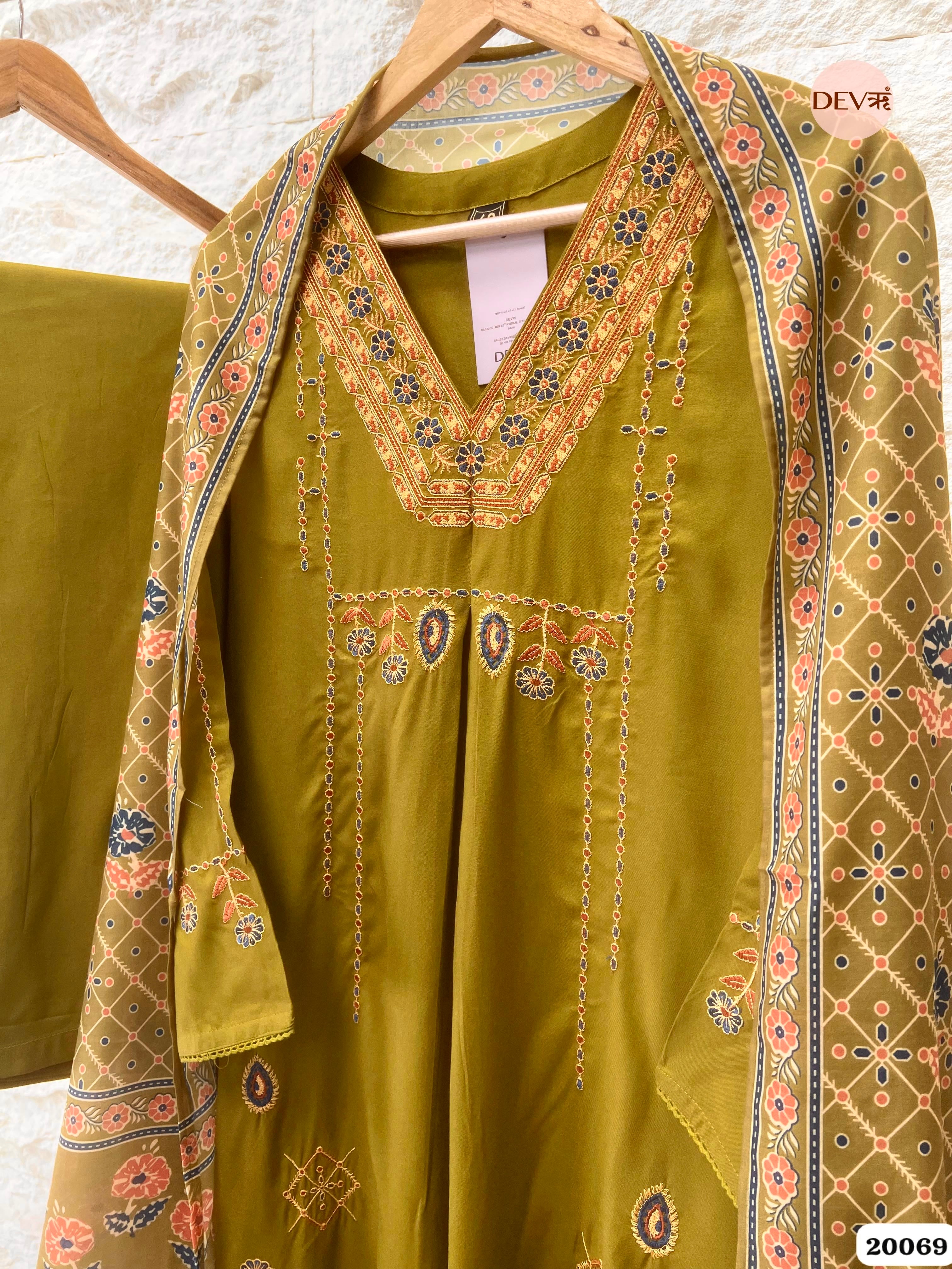 Zoya German Reyon Embroidered Olive Green 3-Piece Set (Devri – D.No 20069)
