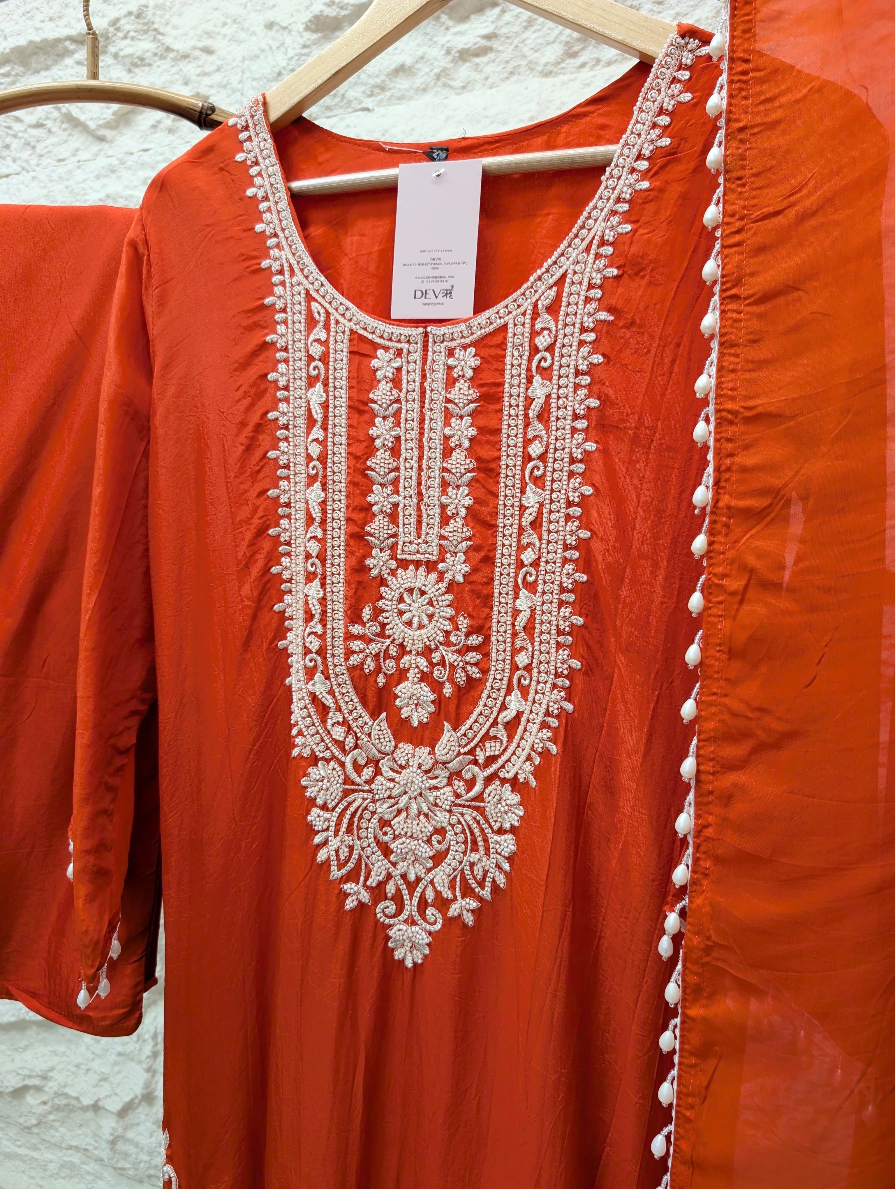 Zarmin Pure organza silk Embroidered Rust 3-Piece Set (Devri – D.No 13790)