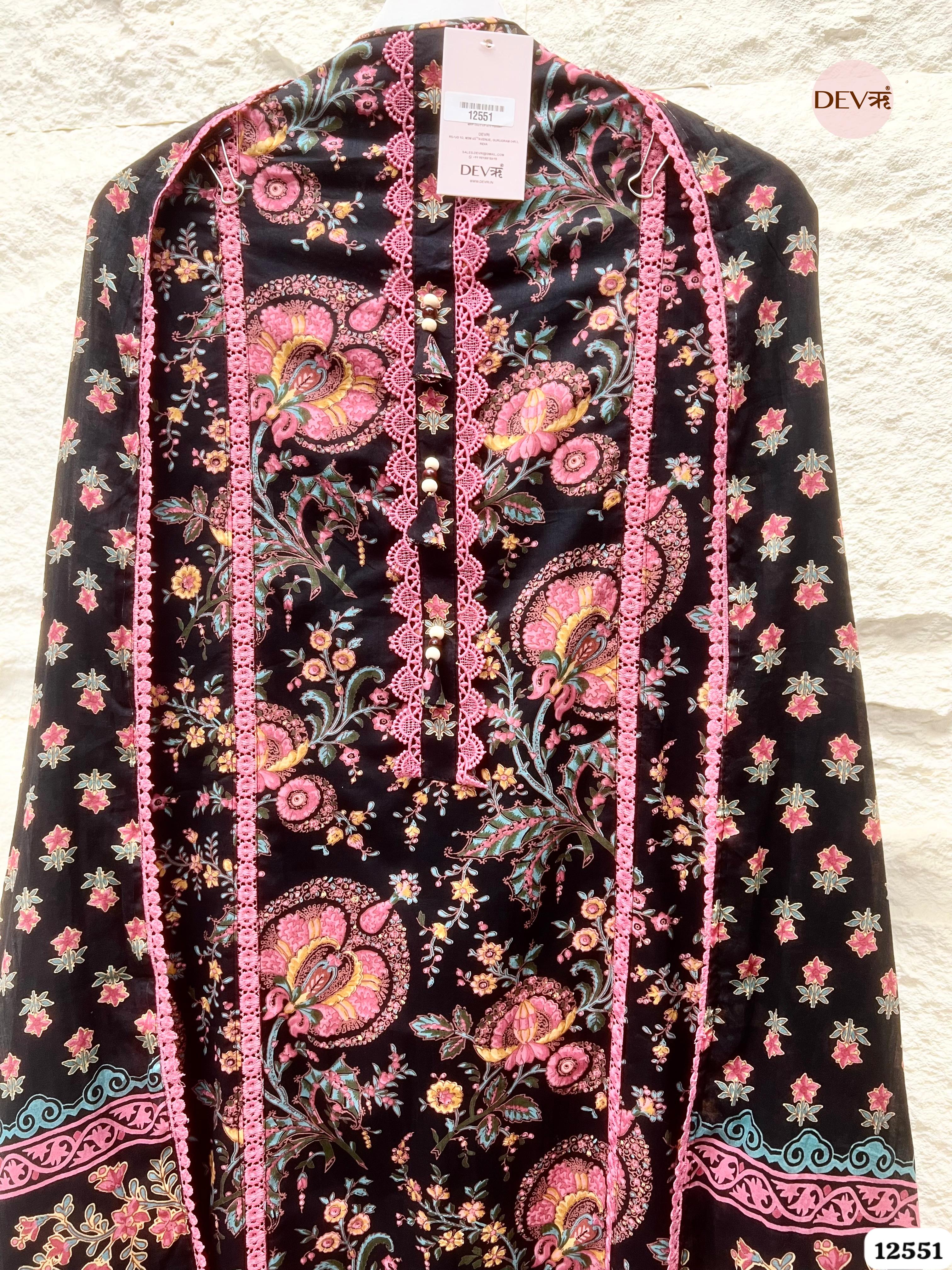 Black Pure Cotton Floral Printed Unstitched 3-Piece Suit (Devri – D.No 12551)