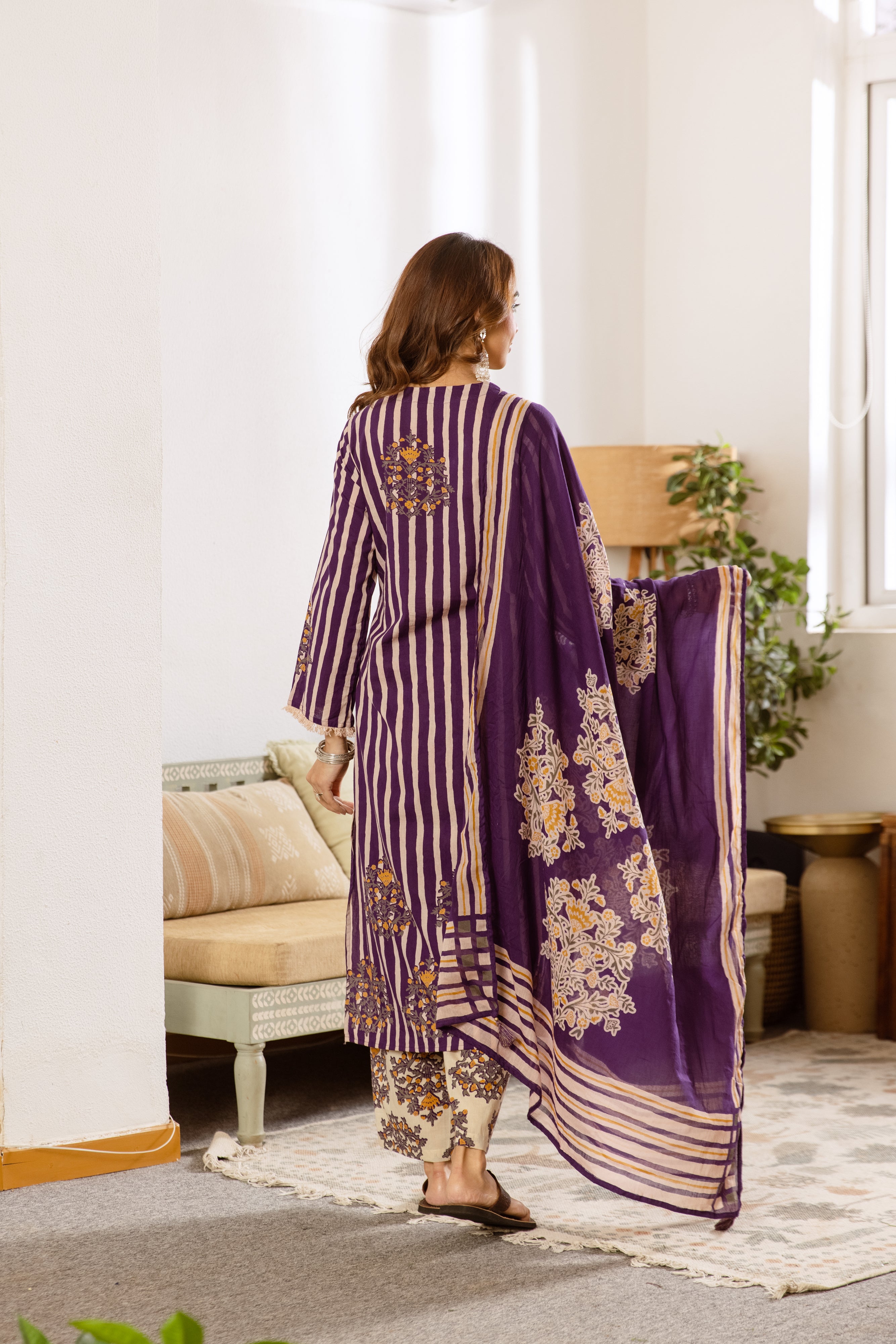 Vanya Pure Cotton Printed Purple Off-White 3-Piece Set (Devri – D.No 20031)