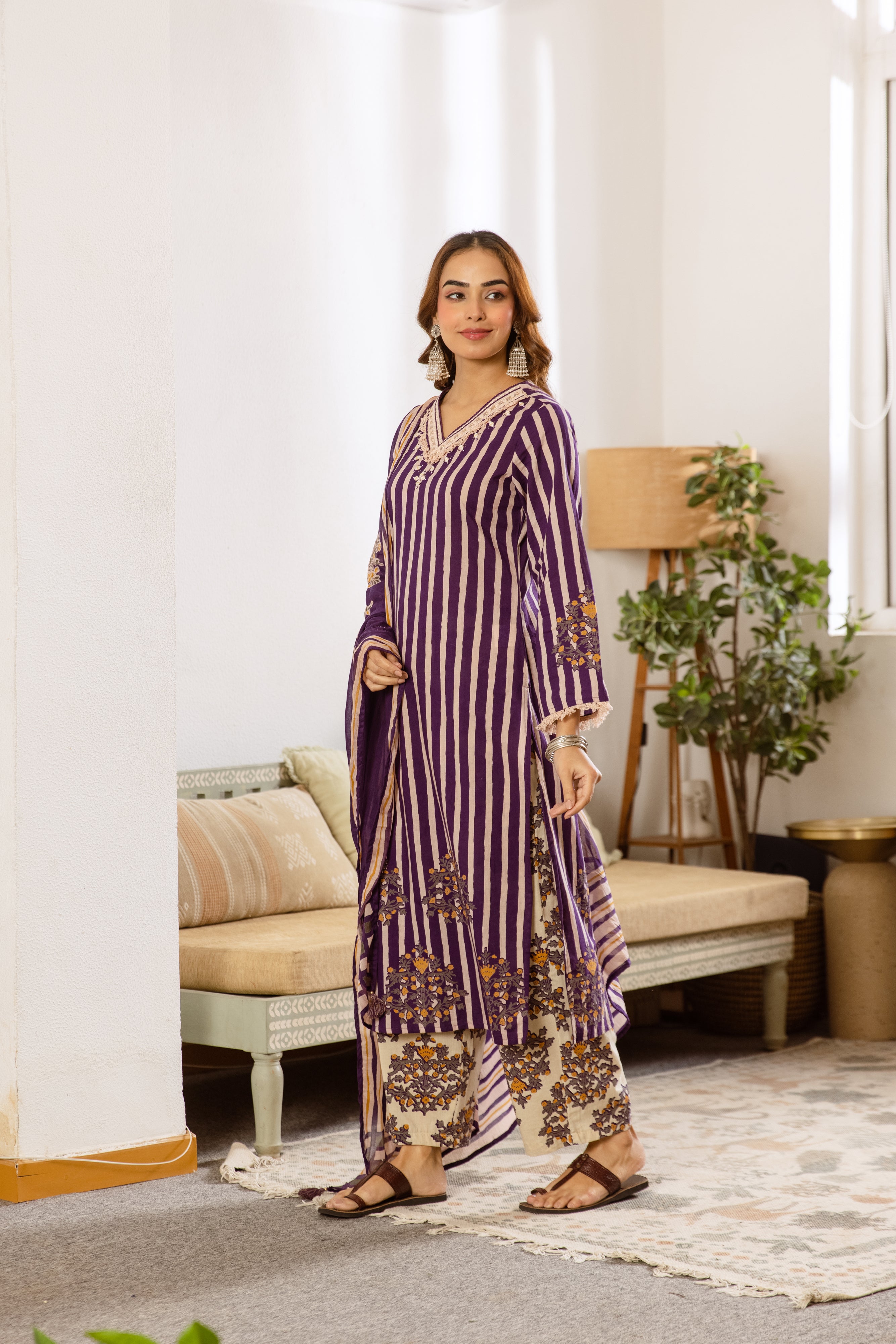 Vanya Pure Cotton Printed Purple Off-White 3-Piece Set (Devri – D.No 20031)